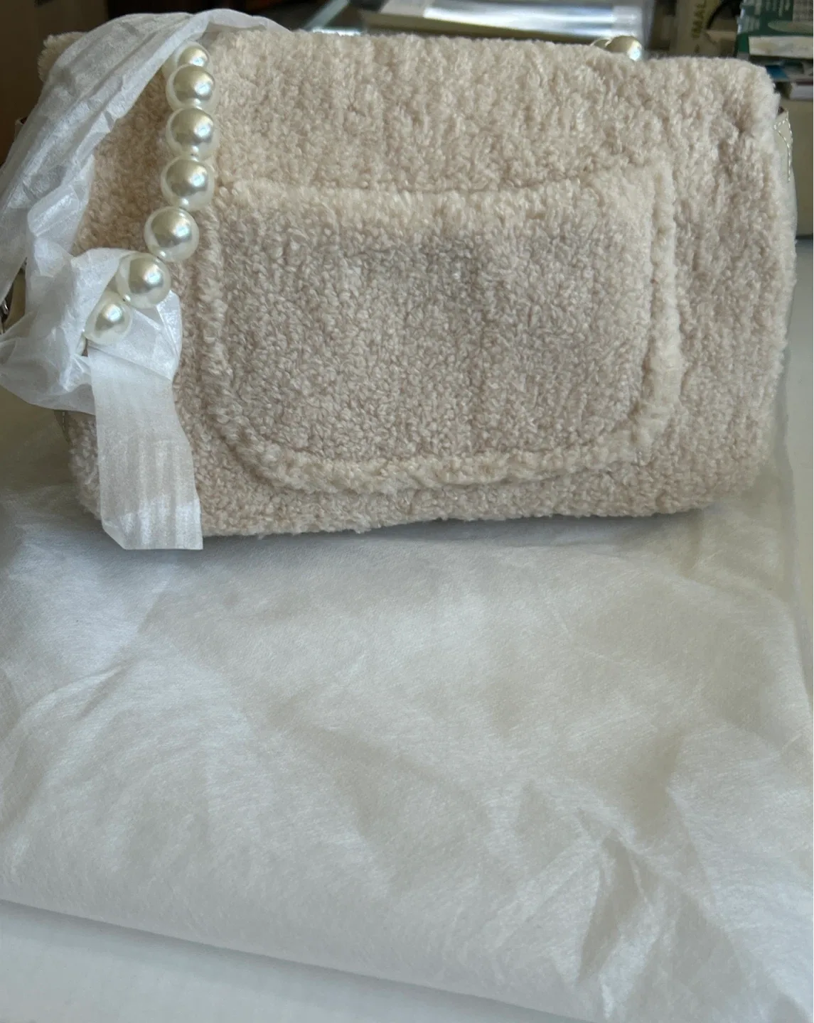 Beige Quilted & Faux Fur Shoulder Bag - Brand New image indicator(3)
