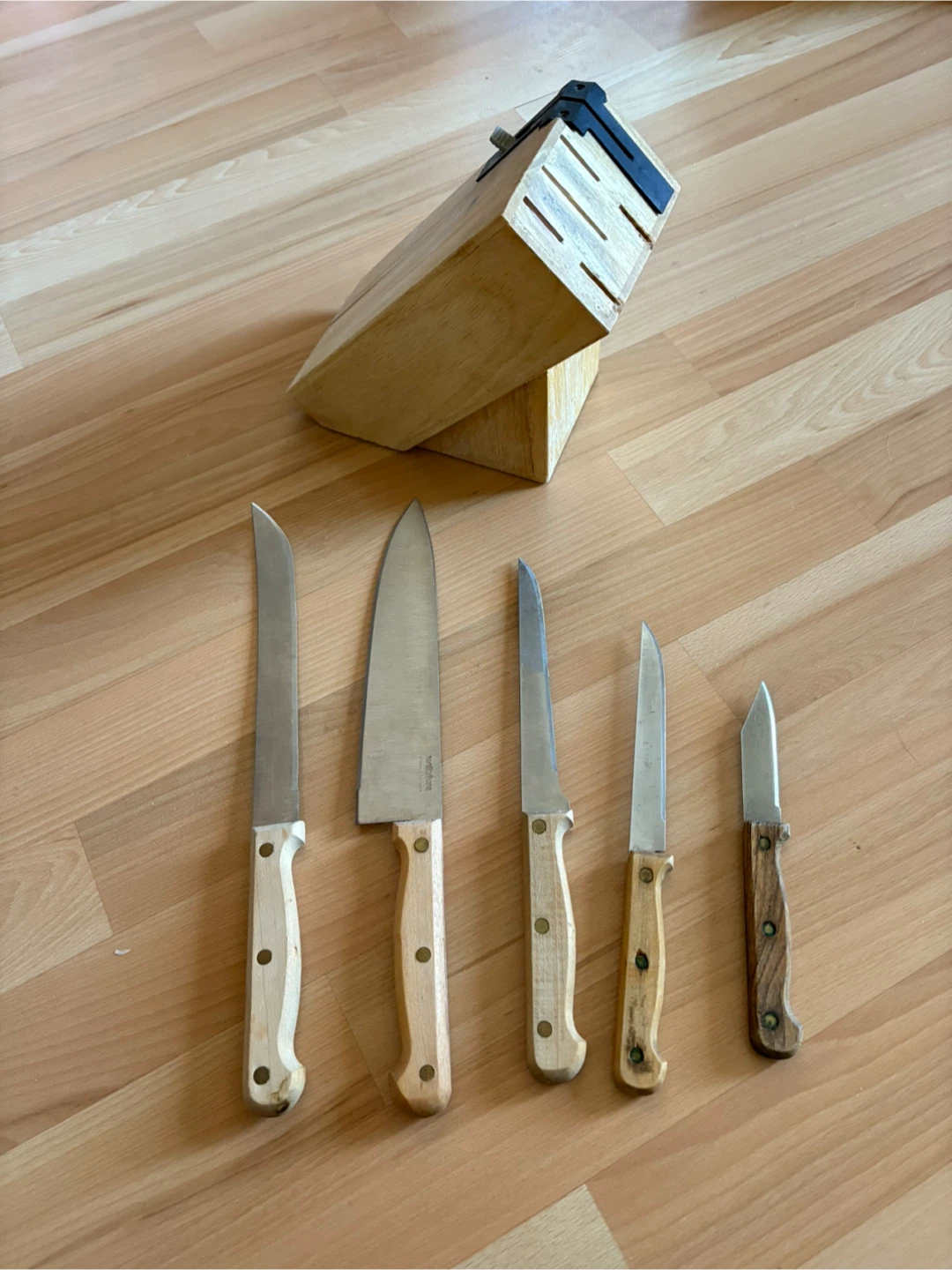 Wood Block with Knives and Sharpener