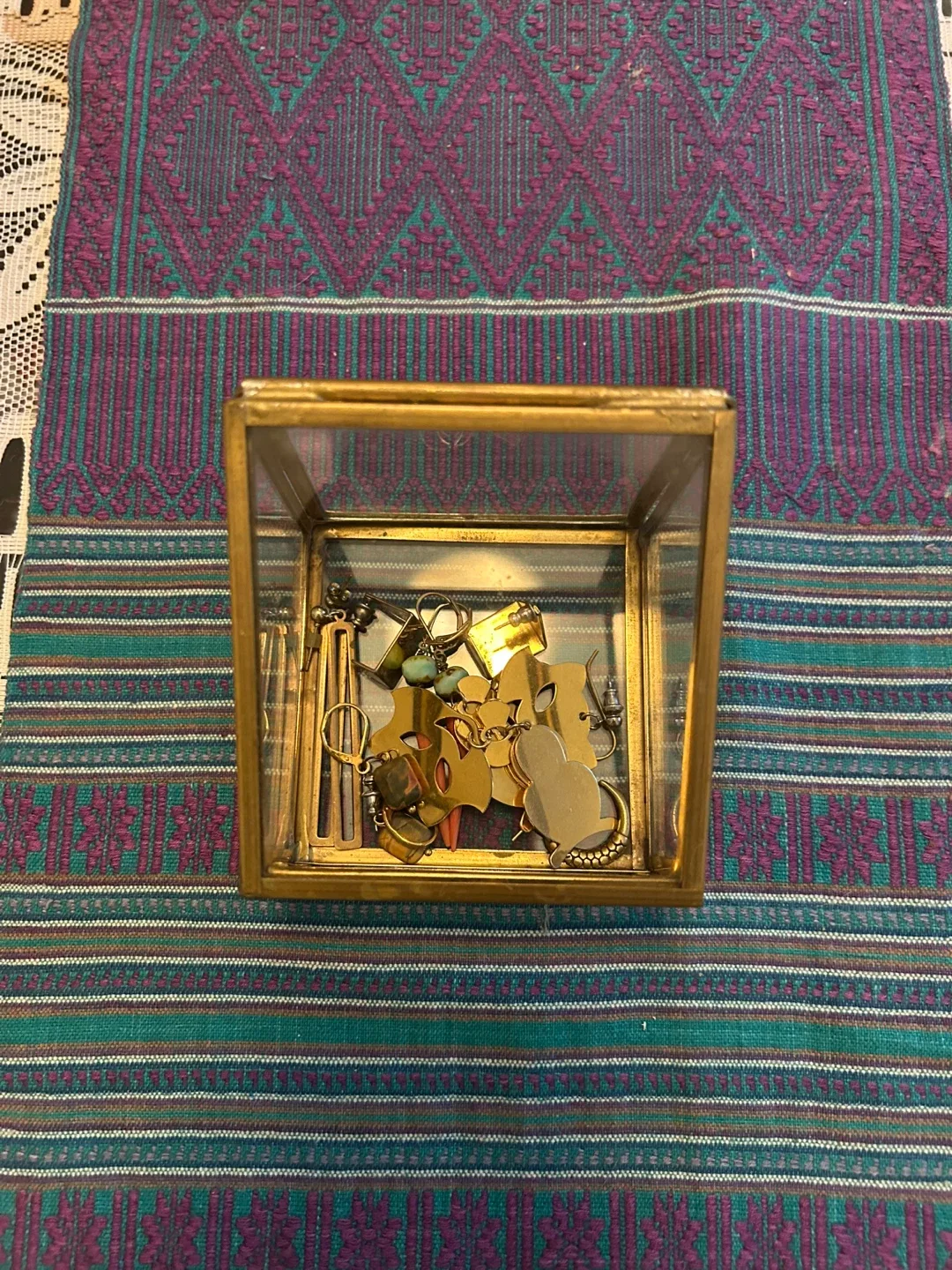 Vintage Brass Jewelry Box with Assorted Earrings thumbnail