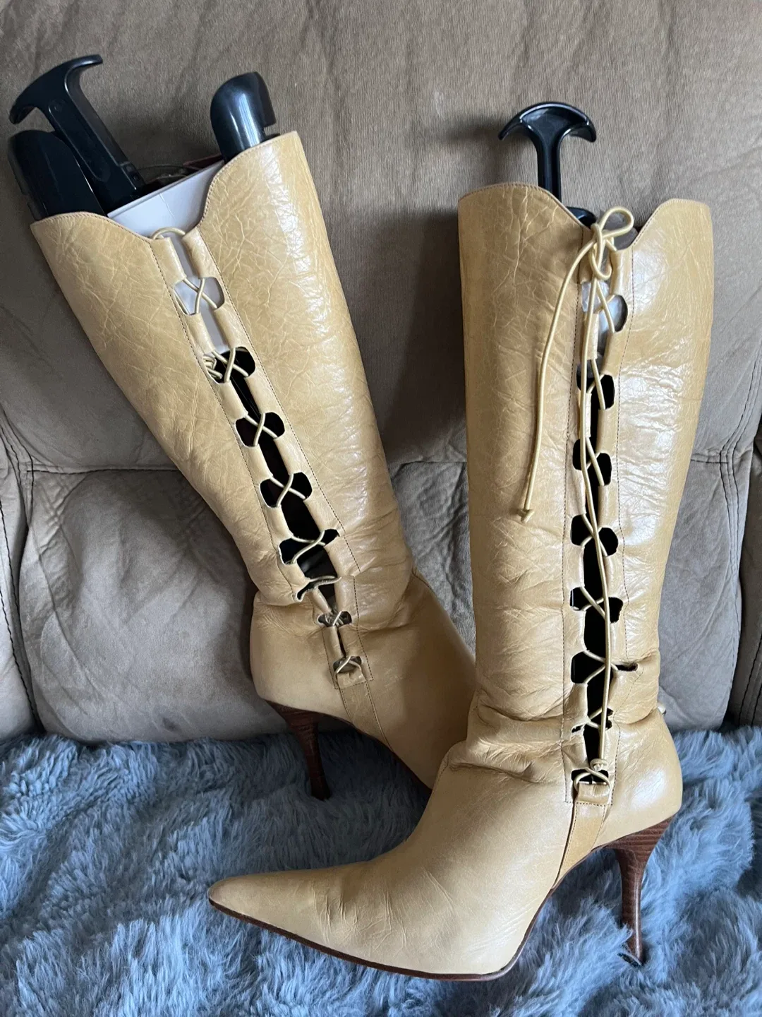 Beige Leather Knee-High Boots