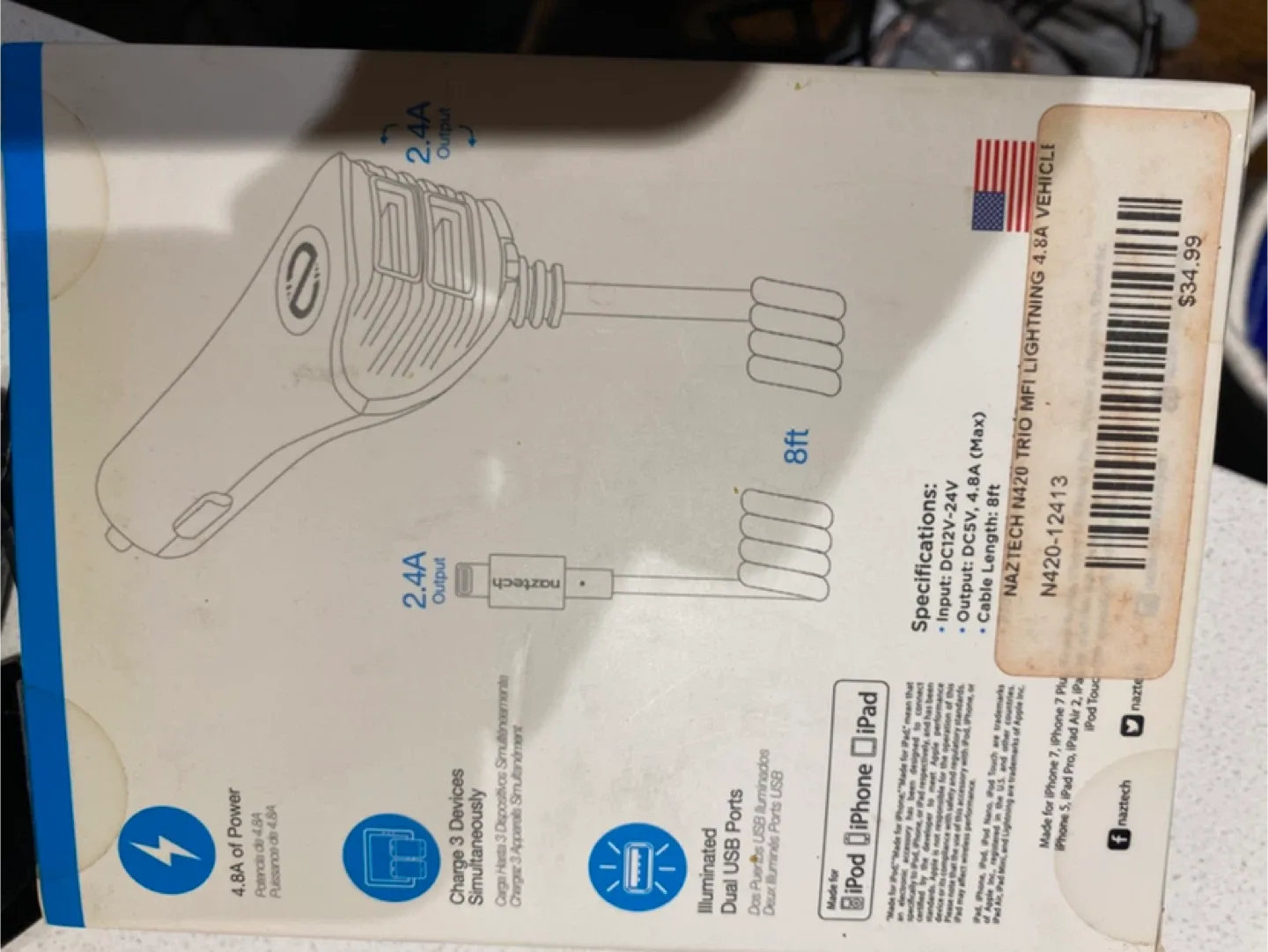 Naztech N420 Trio MFI Lightning 4.8A Vehicle Car Charger image indicator(3)