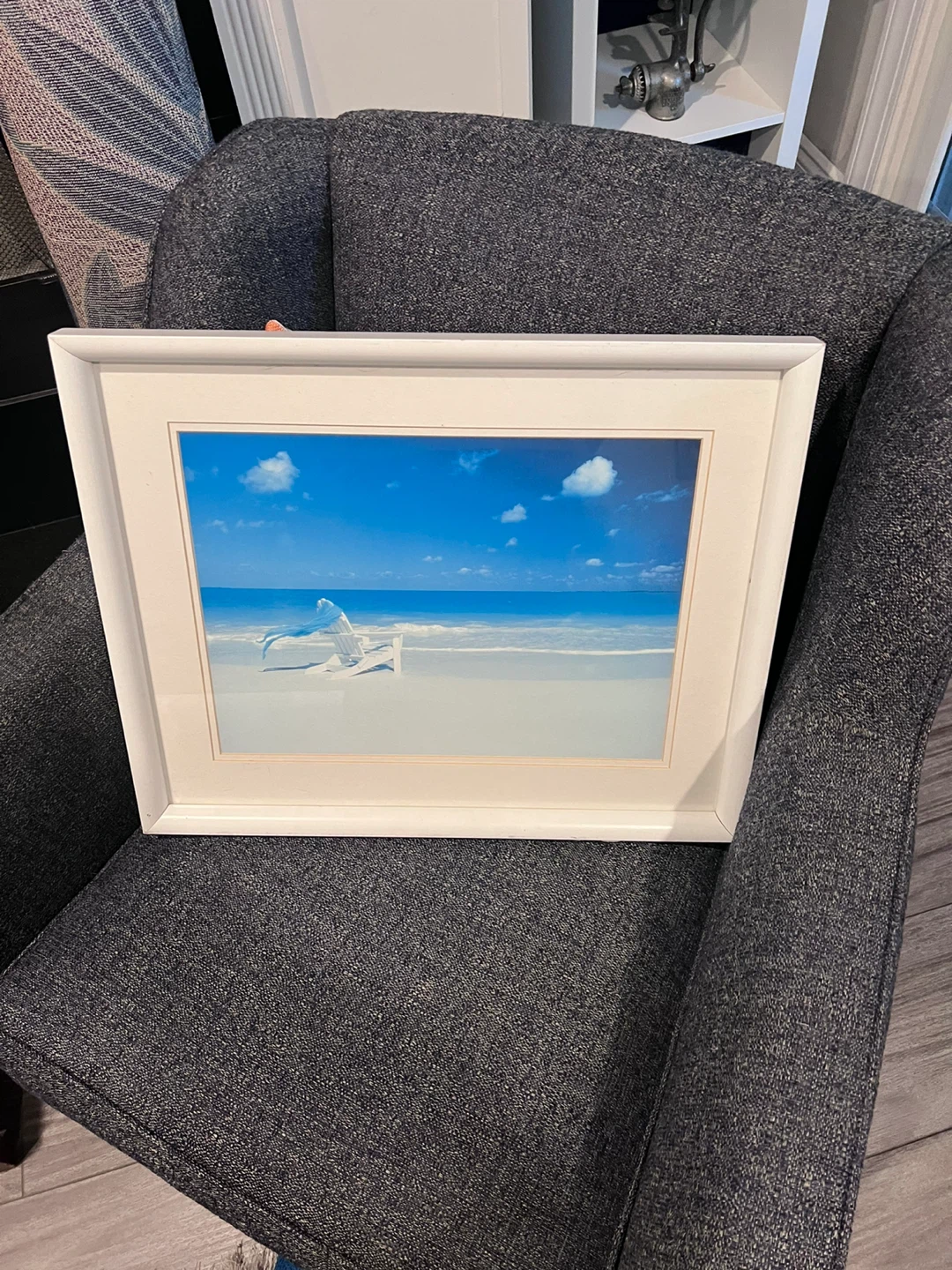 Ocean beach picture in white frame
