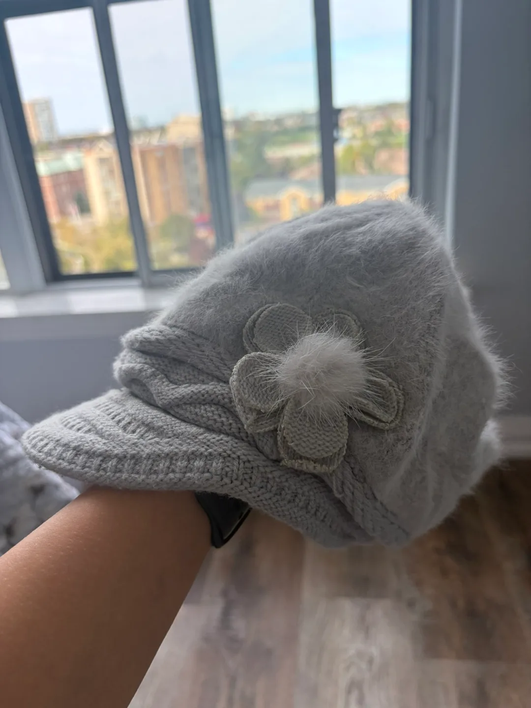 Grey Knit Hat with Flower Detail thumbnail
