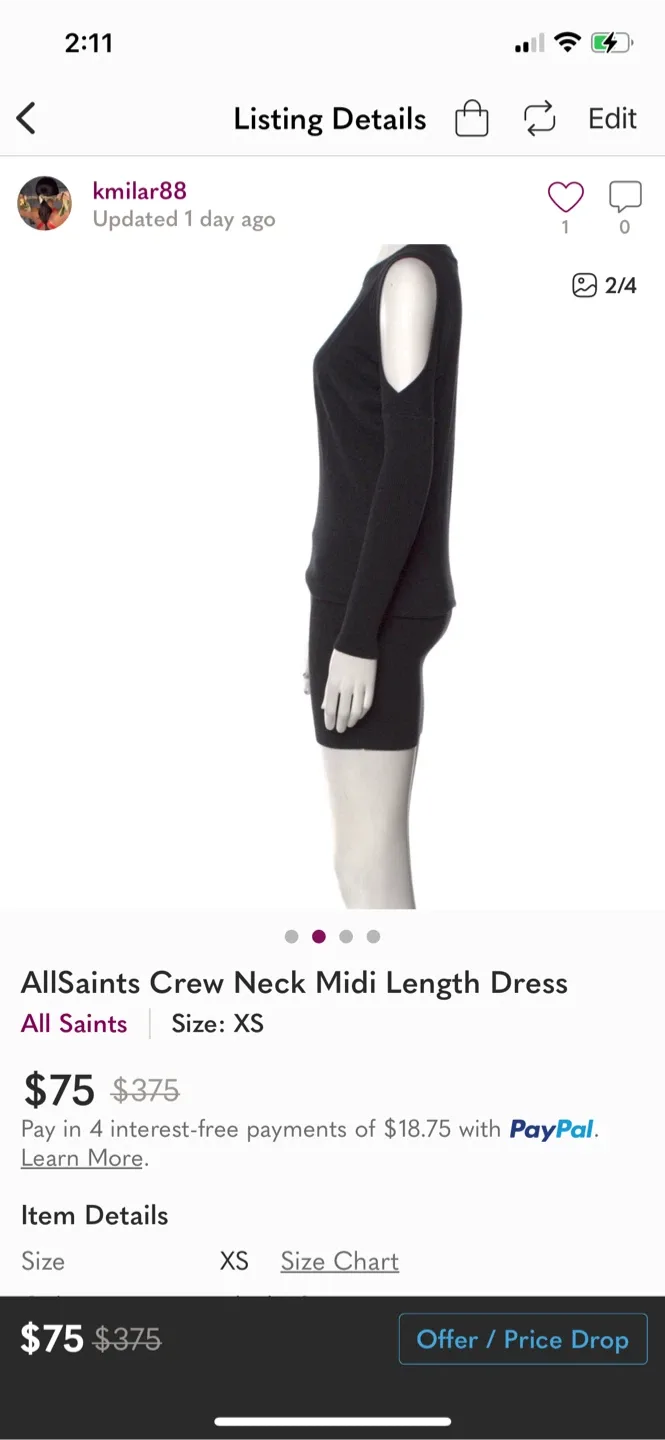 🥕AllSaints Crew Neck Midi Dress - Size XS image indicator(2)