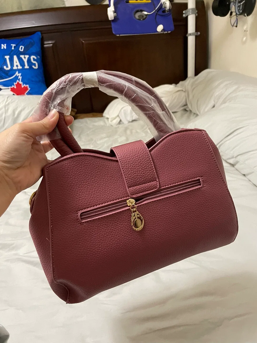 Burgundy Handbag with Gold Accent - New image indicator(2)