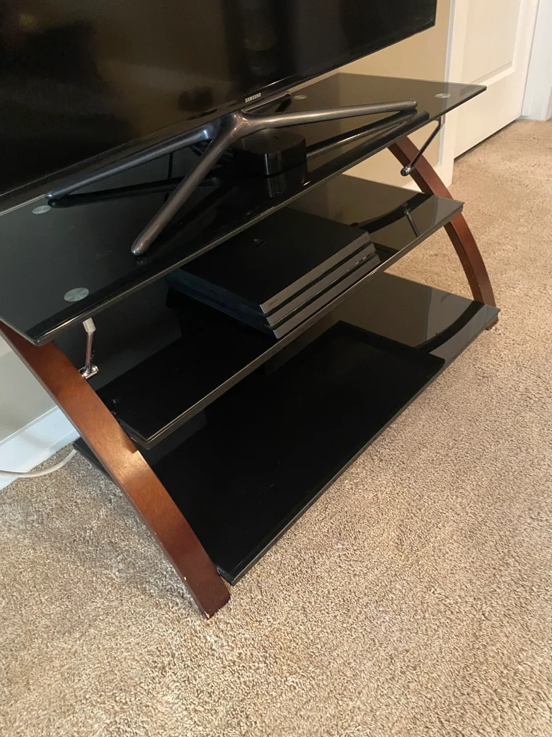 🥕 Glass TV Stand with Wooden Frame