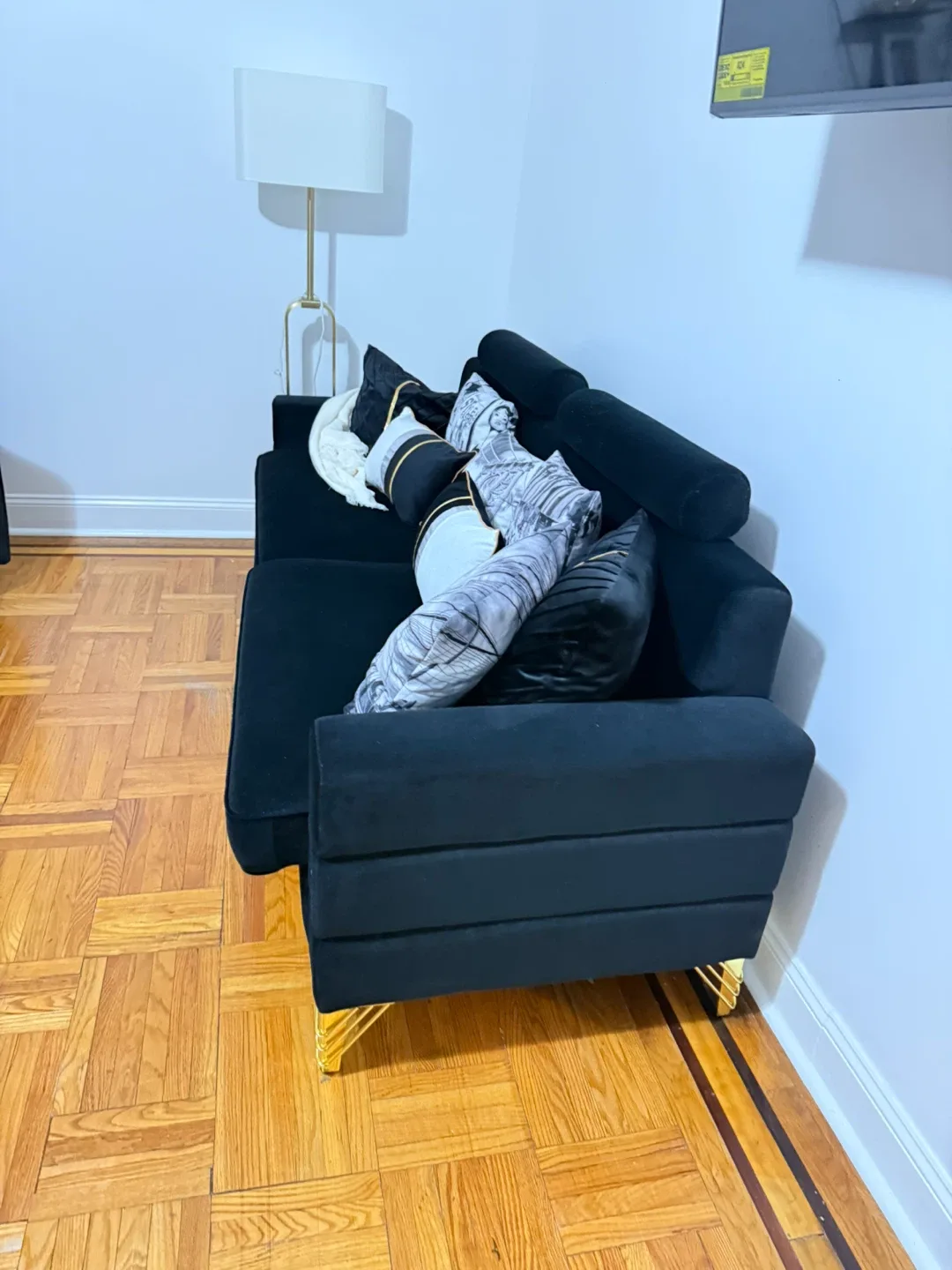 Black Velvet Sofa with Pillows image indicator(2)