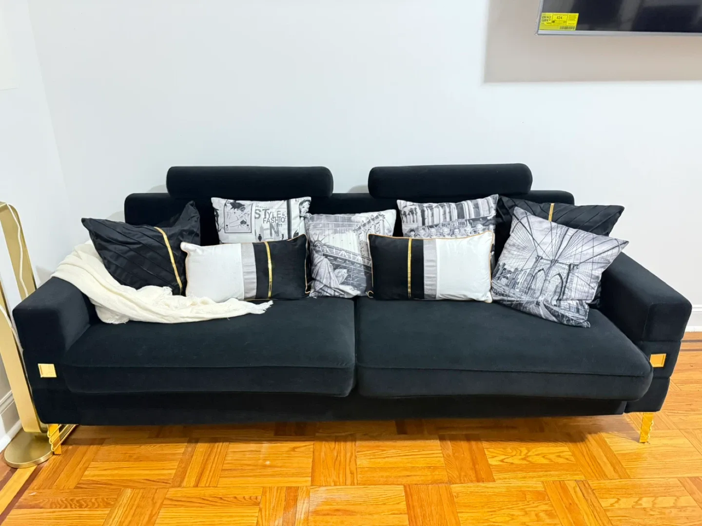Black Velvet Sofa with Pillows image indicator(3)