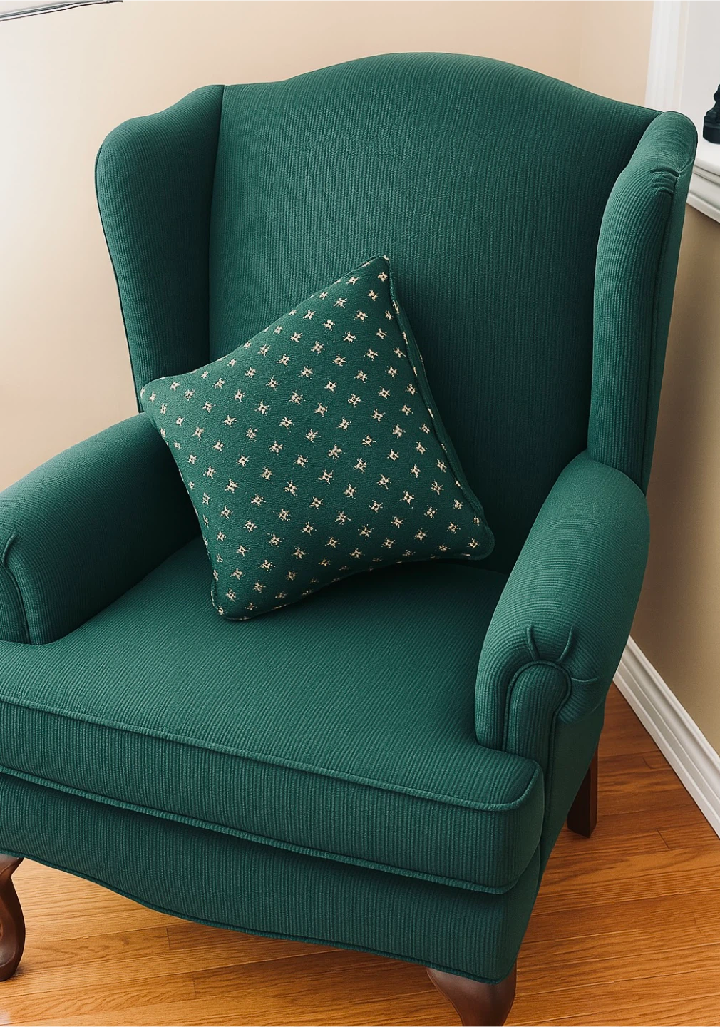 Green Wingback Armchair with Accent Pillow