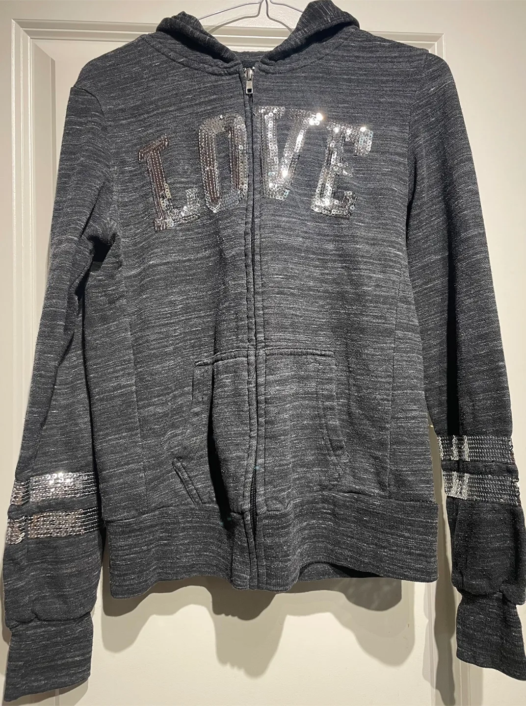 Grey LOVE Sequin Zip-Up Hoodie