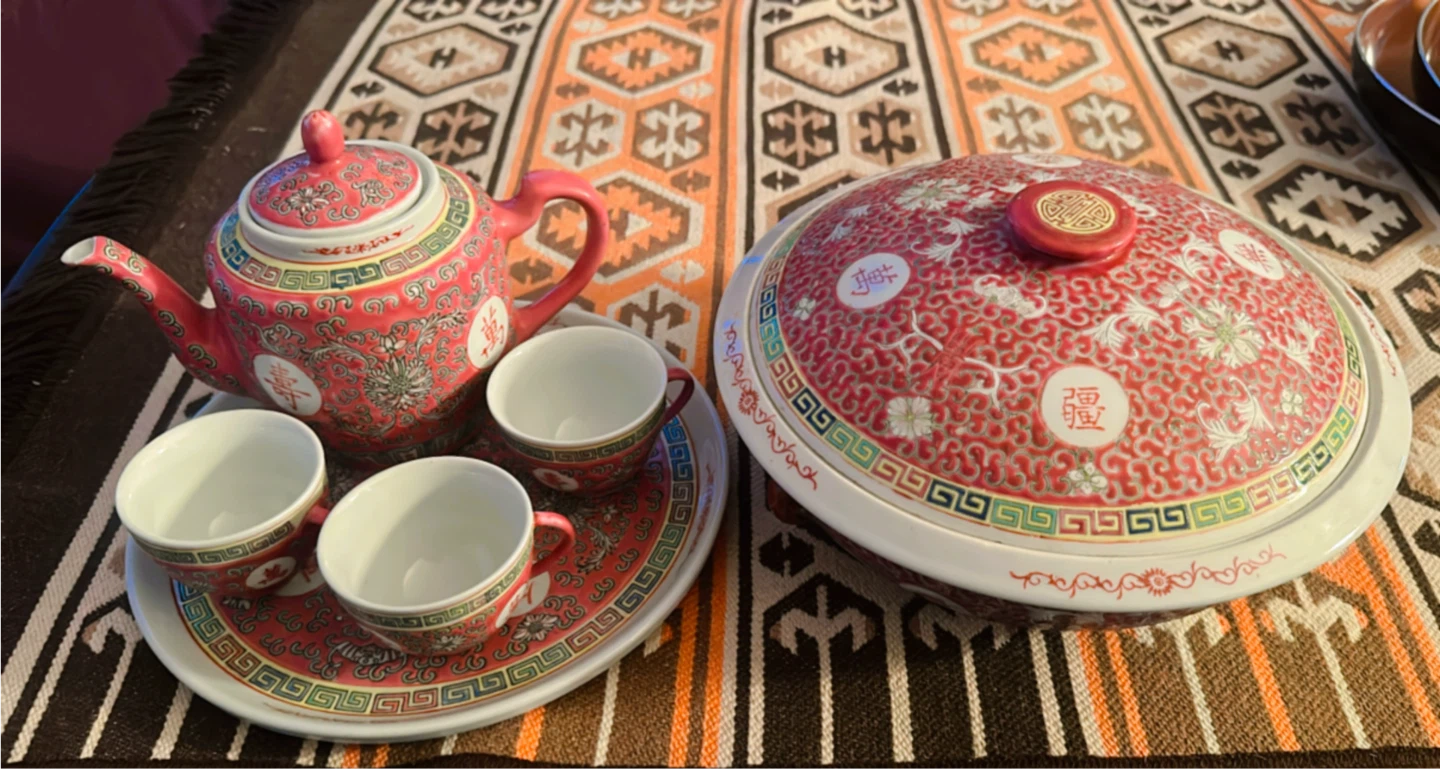 Vintage Chinese Tea Set with Teapot and Serving Dish