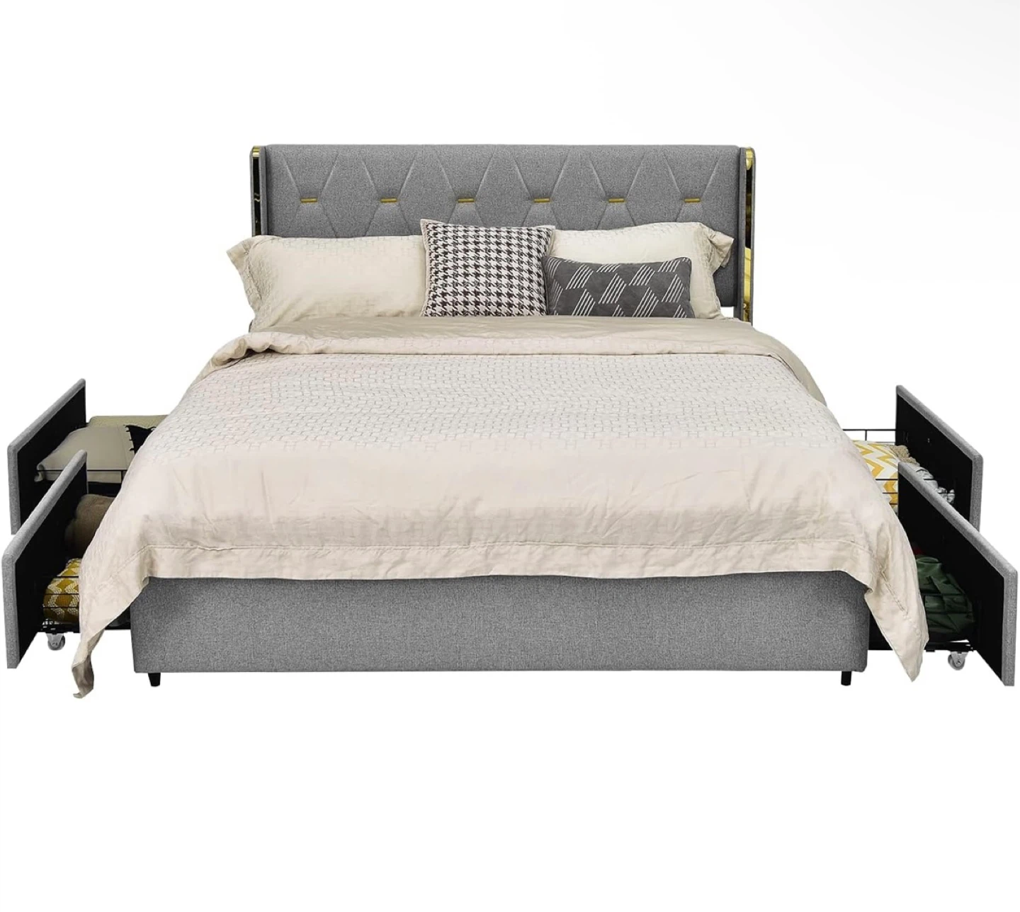 Queen Size Grey Upholstered Platform Bed Frame