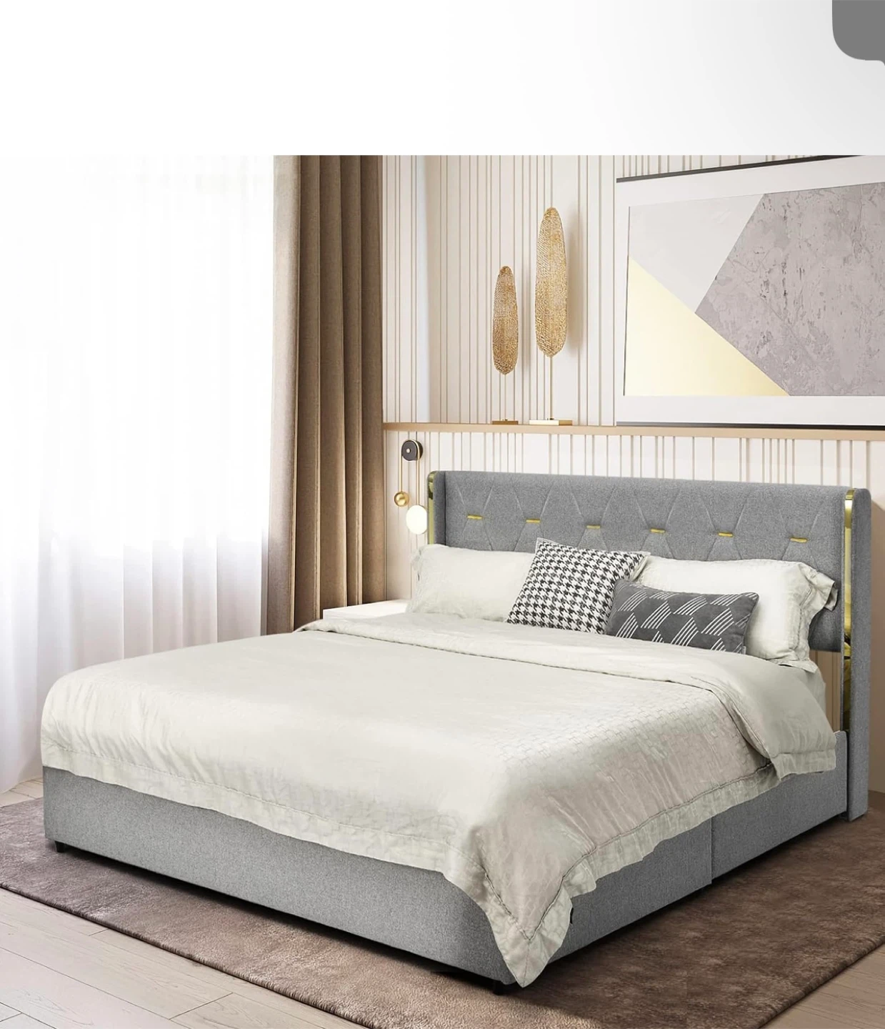 Queen Size Grey Upholstered Platform Bed Frame - photo 2