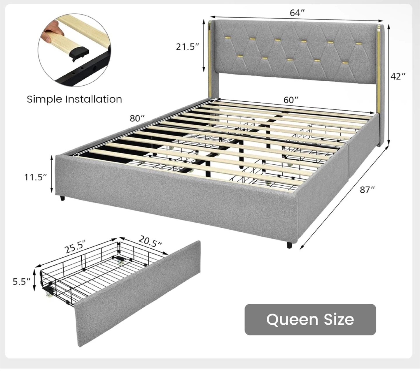 Queen Size Grey Upholstered Platform Bed Frame - photo 3