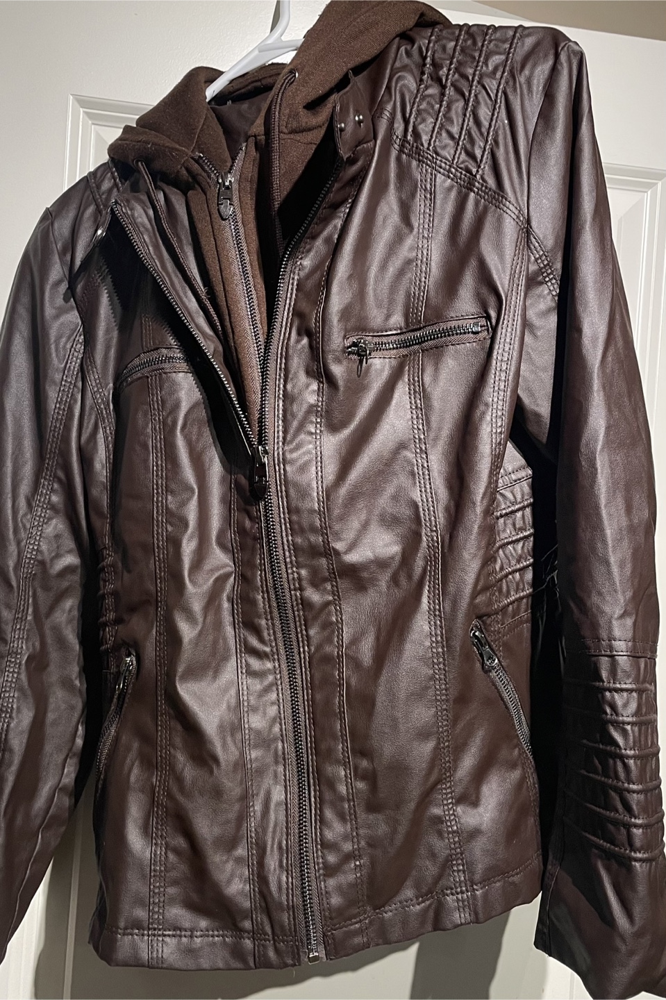 Brown Faux Leather Jacket with Hood