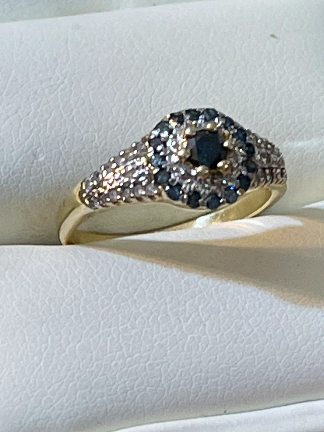 Gold sterling Ring with blue and white diamonds