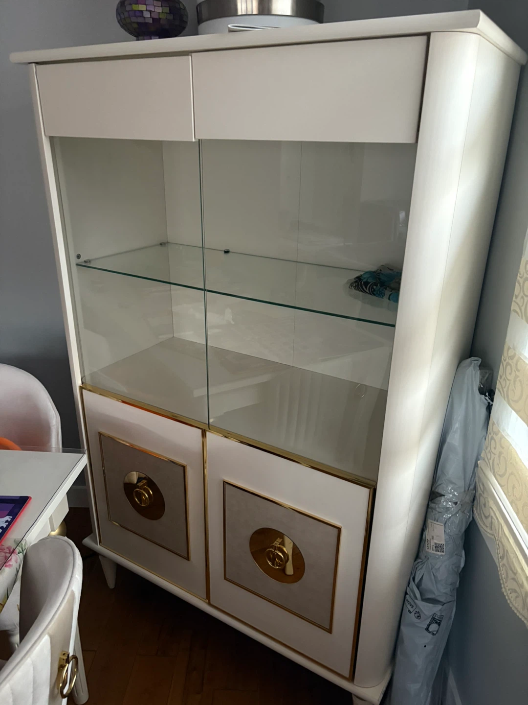 Display Cabinet - Ivory & Gold Accents