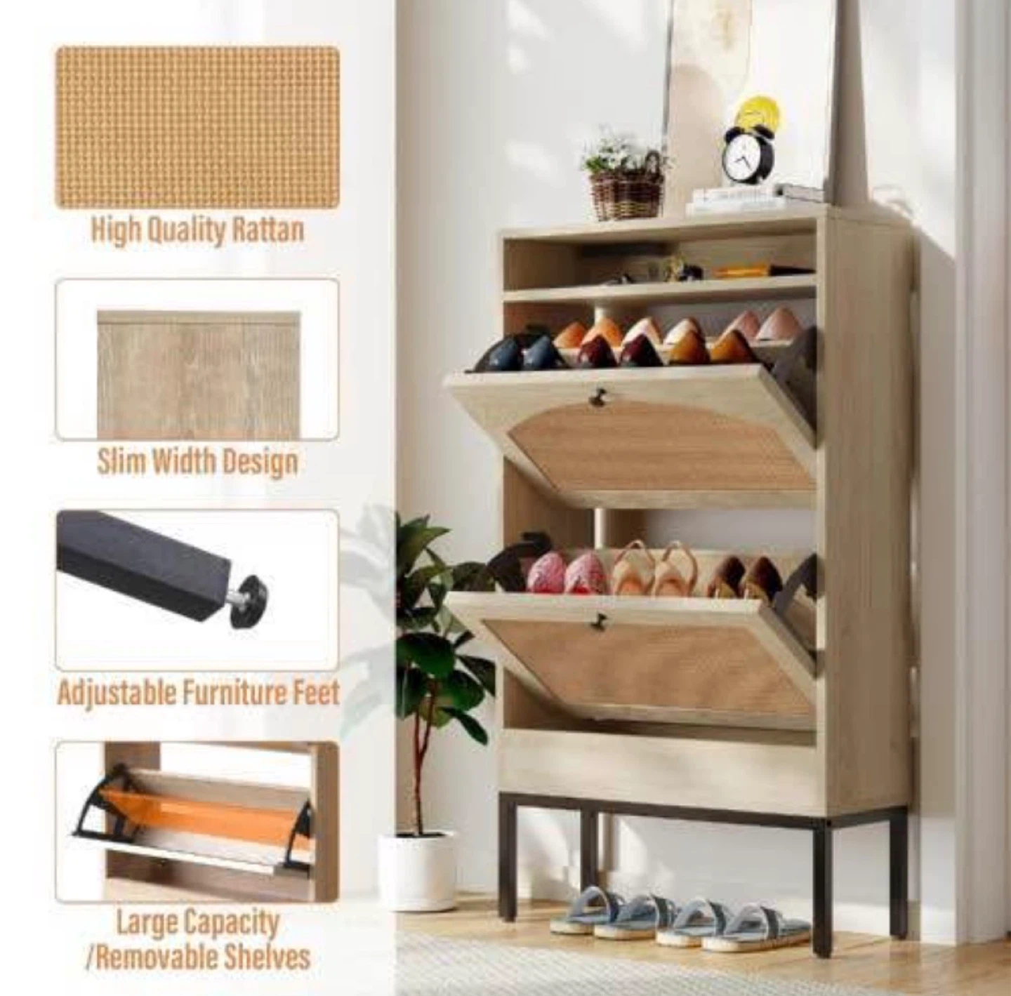 (Natural) Shoe Cabinet with 2 Flip Drawer - photo 4