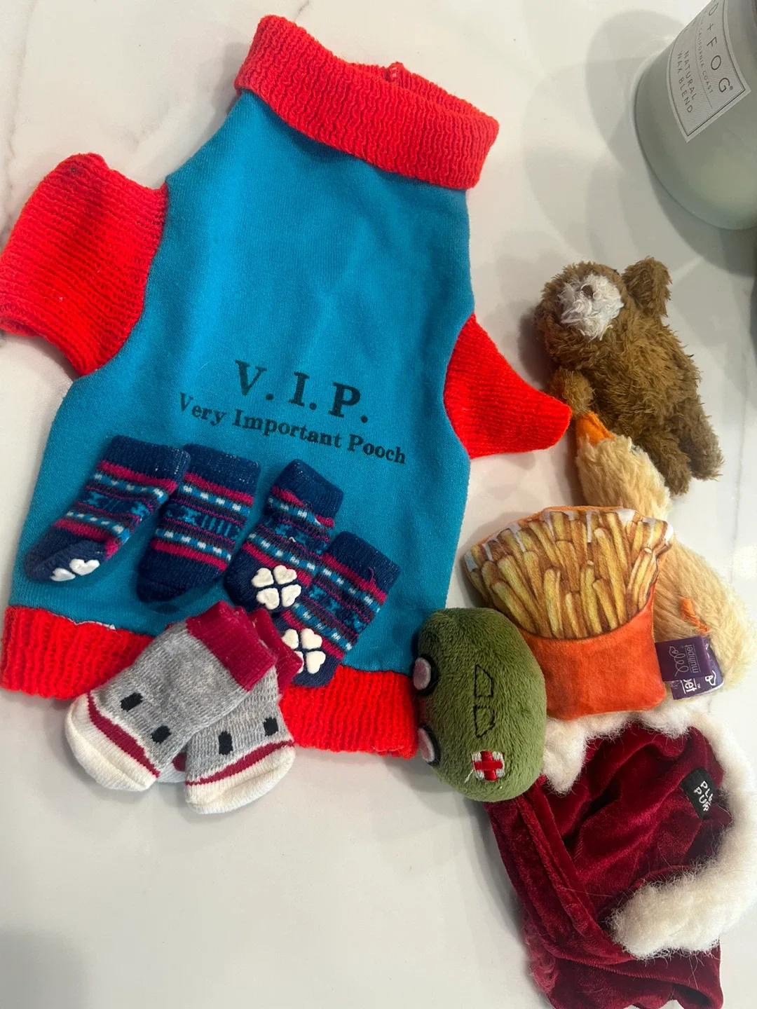 Dog outfit, socks, sock monkey socks and plush toys thumbnail