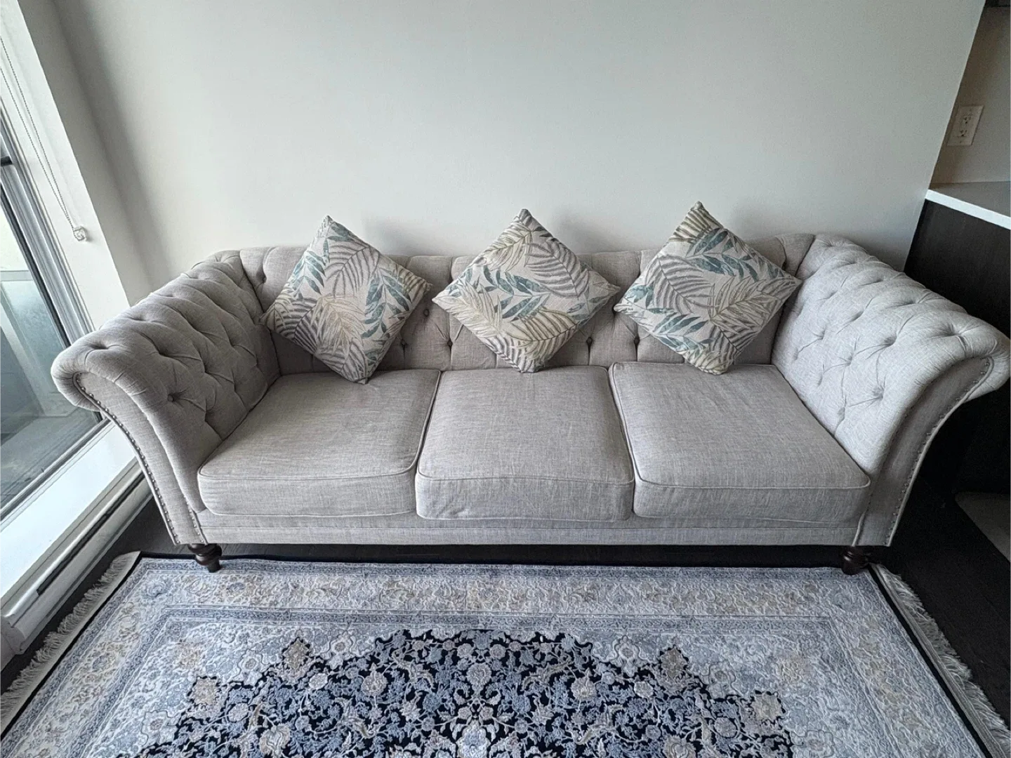 Upholstery Taupe Sofa with 3 Decorative Throw Pillows thumbnail