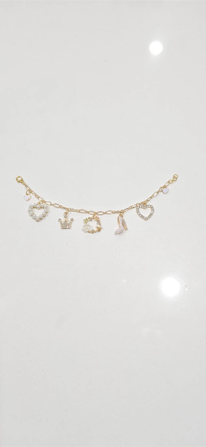 Gold Charm Bracelet with Hearts, Crown, Shoe