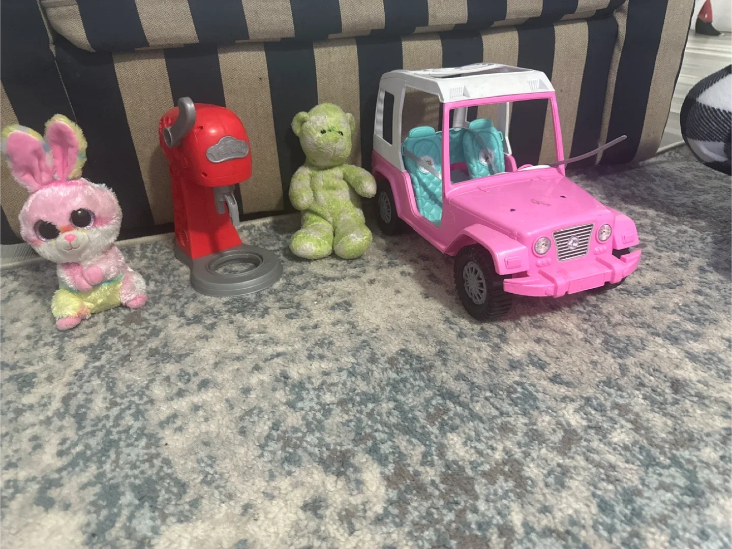 Assorted Toys: Plush Bunny, Toy Mixer, Teddy, Pink Jeep thumbnail