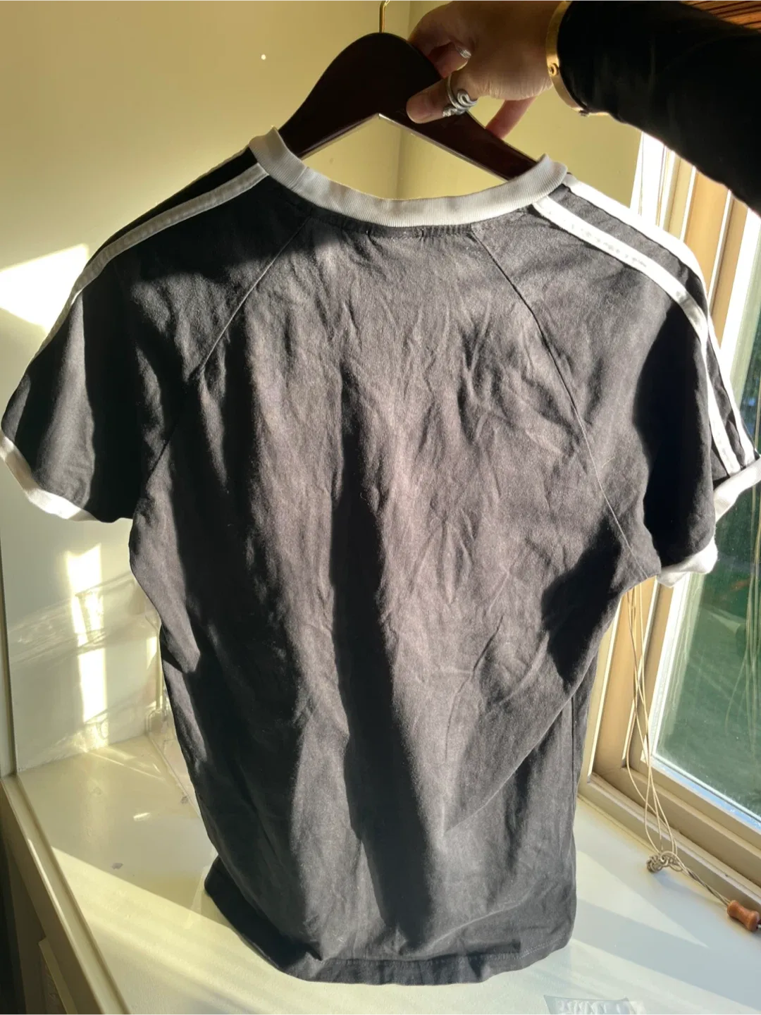 Open to offers! Adidas Black T-Shirt with White Stripes image indicator(2)