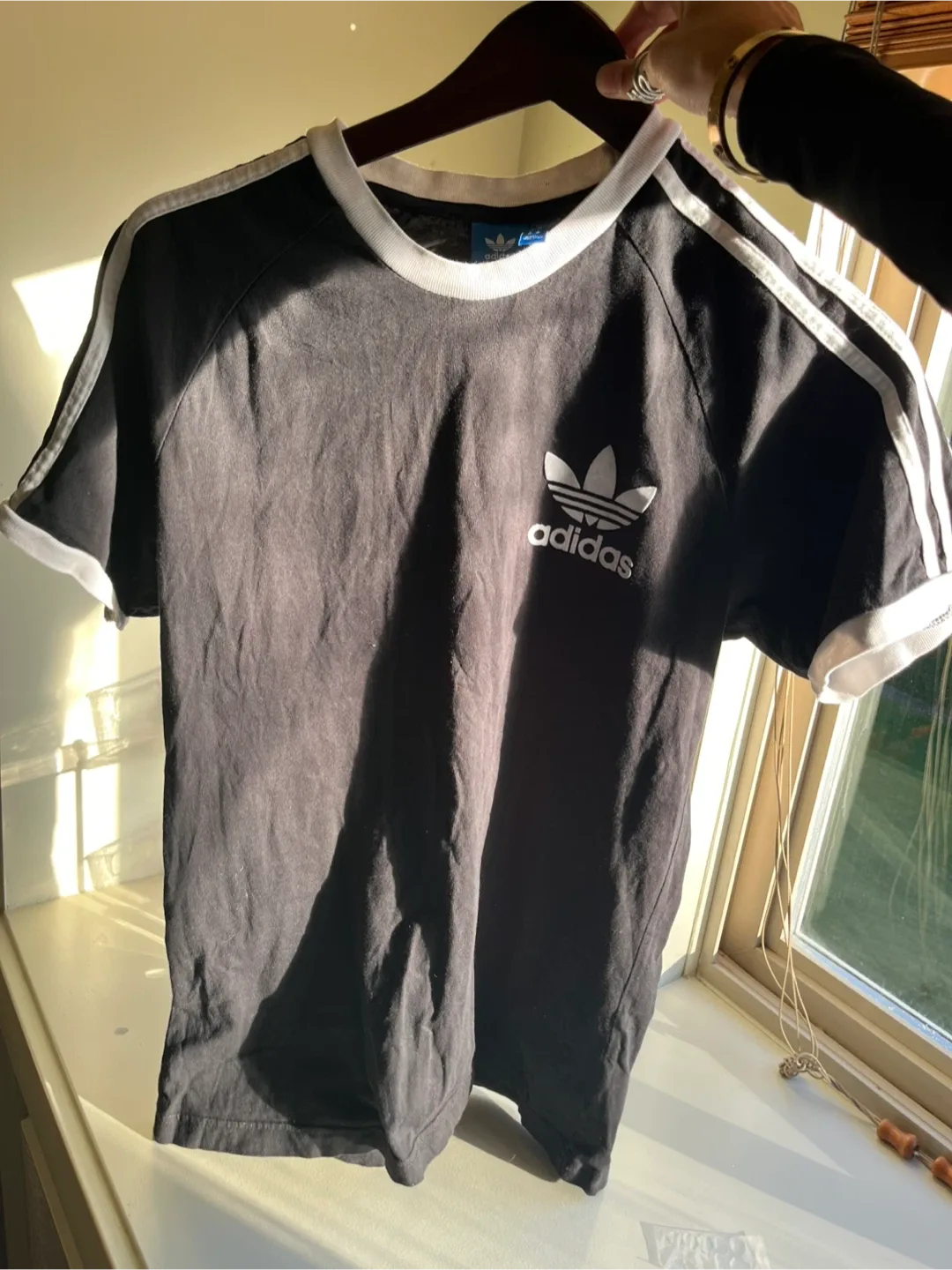Adidas Black T-Shirt with White Stripes thumbnail
