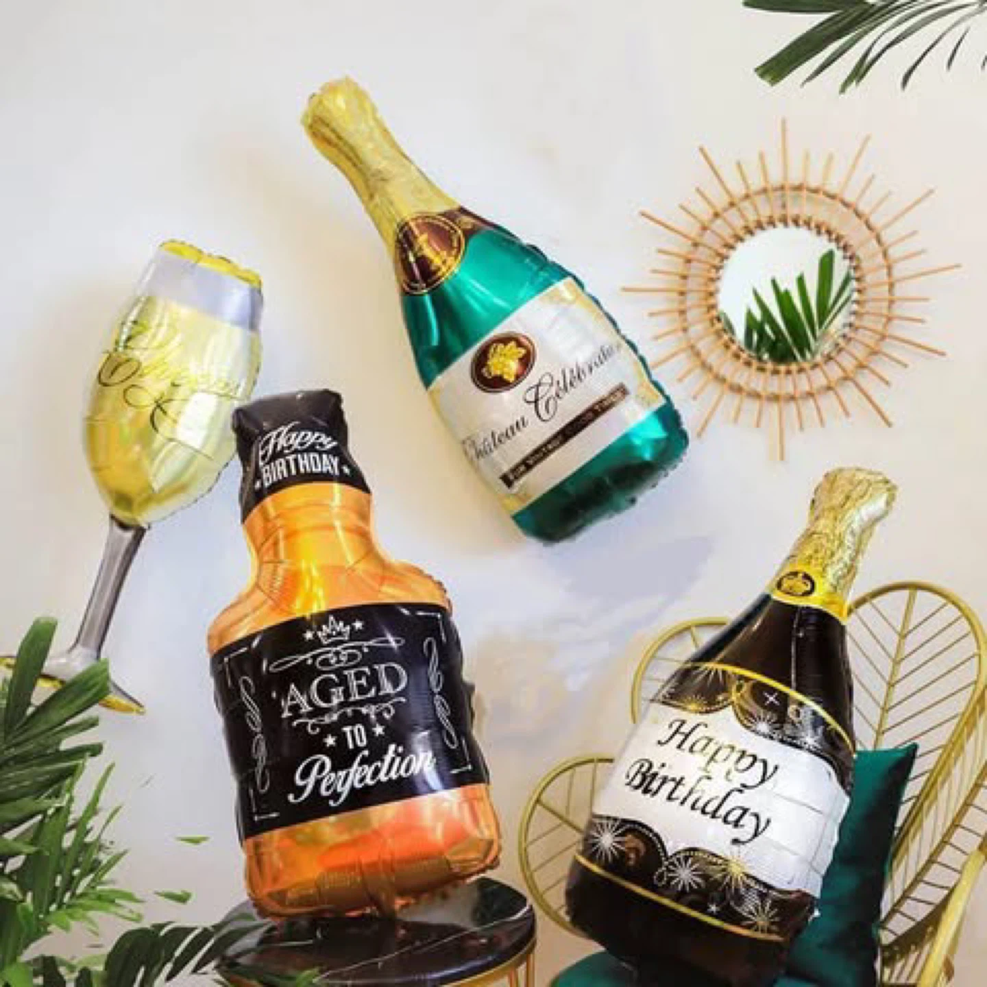 Birthday Party Balloons - Champagne, Whiskey, Champagne Glass