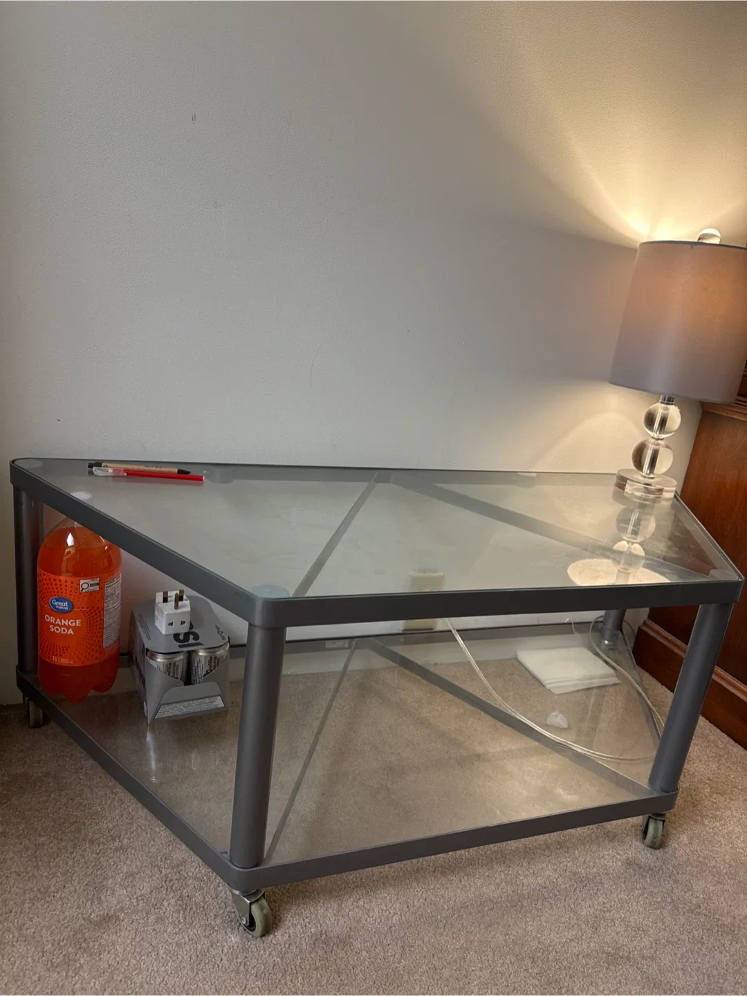 Glass Top Corner Table with Wheels