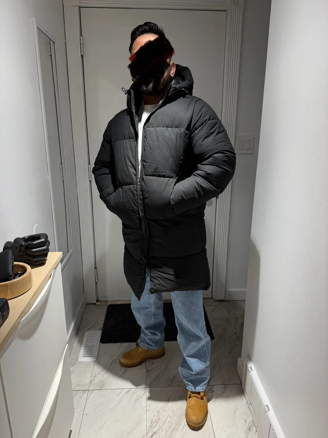 Men's Black Long Puffer Jacket - Size Small image indicator(5)