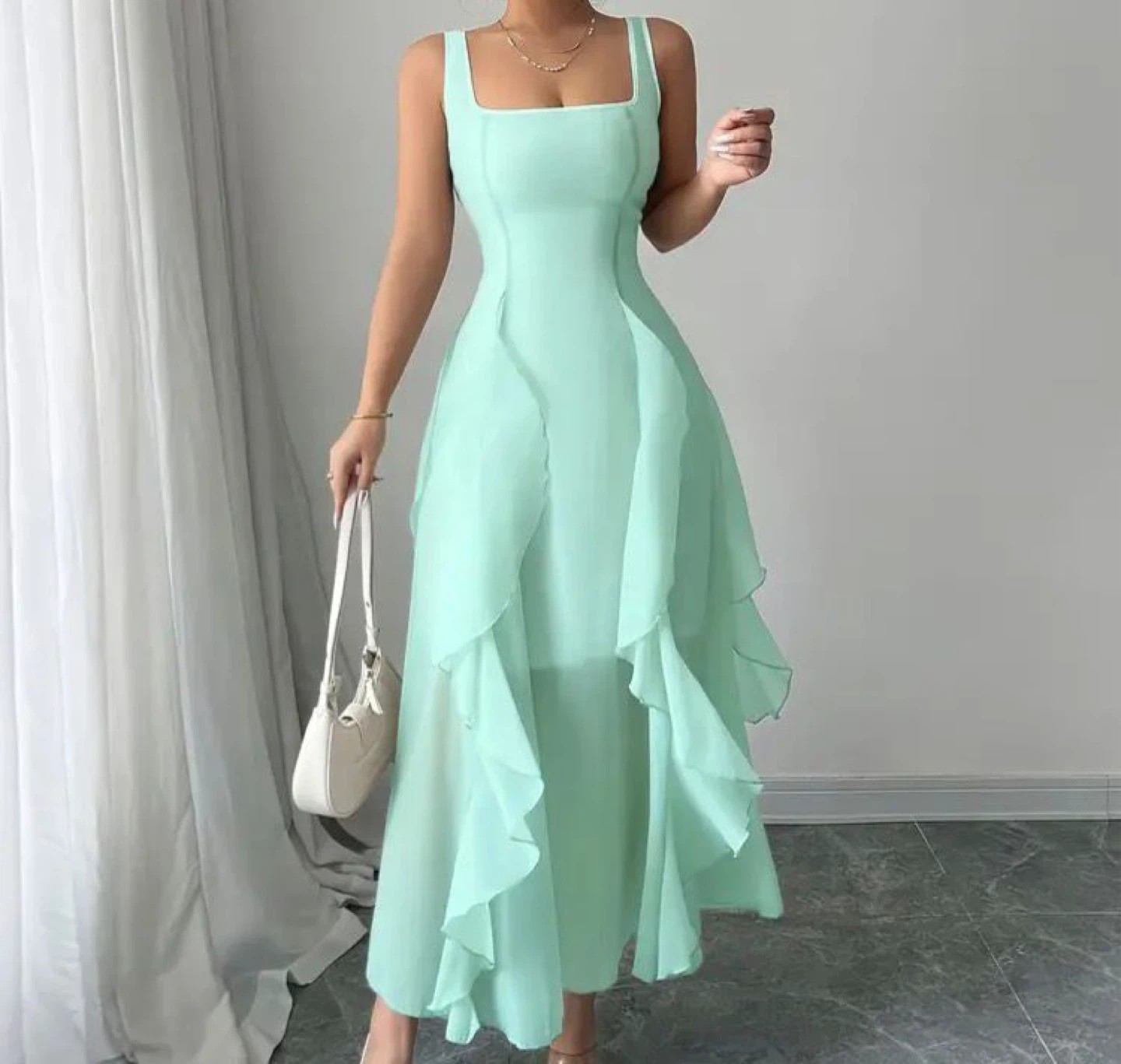 Mint Ruffle Hem Sleeveless Maxi Dress