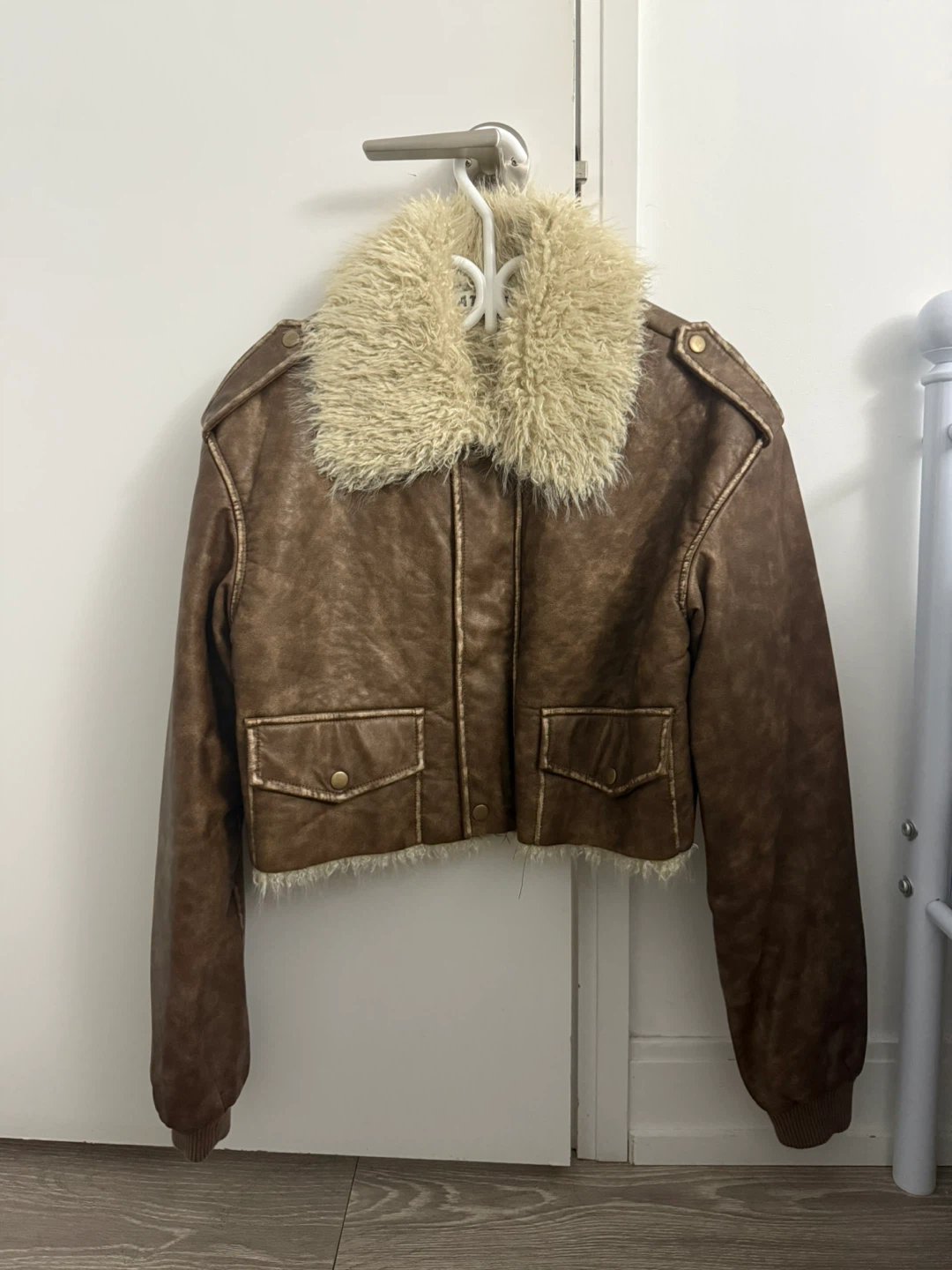 Brown Faux Leather Jacket with Fur Collar