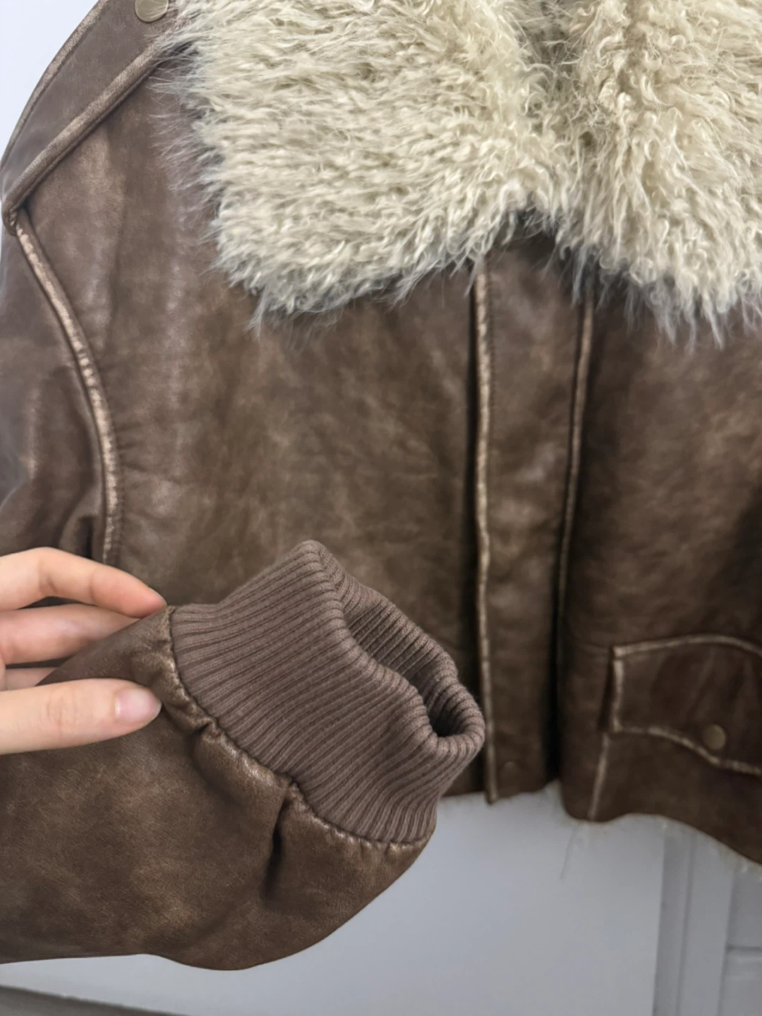 Brown Faux Leather Jacket with Fur Collar - photo 3