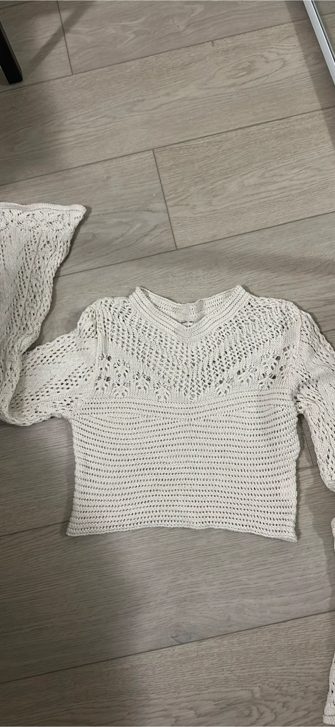 Crochet Knit Long Sleeve Top - Cream - photo 3
