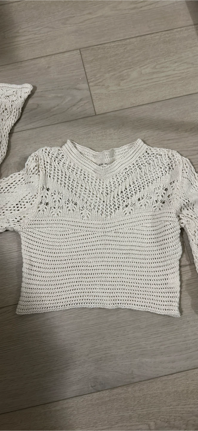 Crochet Knit Long Sleeve Top - Cream - photo 2