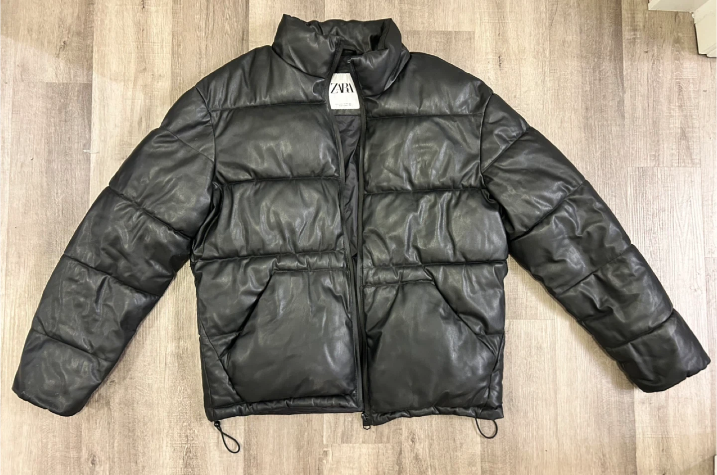 Zara Black Faux Leather Puffer Jacket - Size L