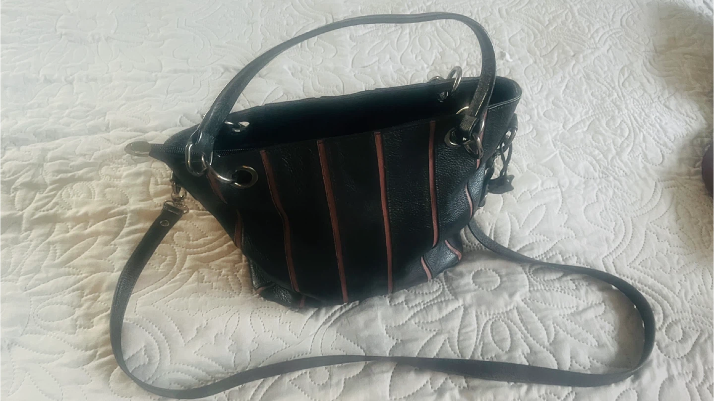 Black Leather Striped Shoulder Bag