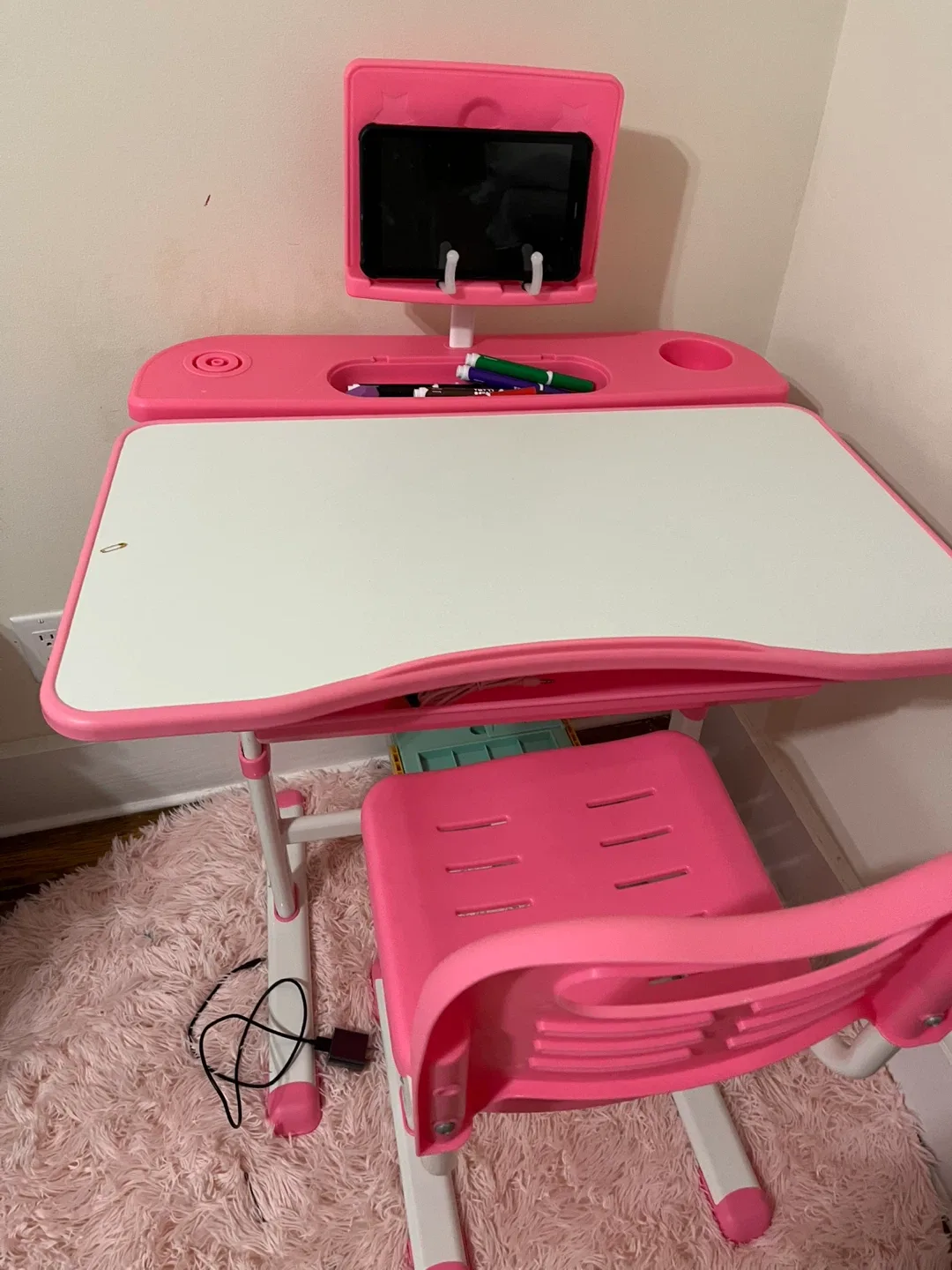 Adjustable Kids Desk and Chair Set - Pink & White thumbnail