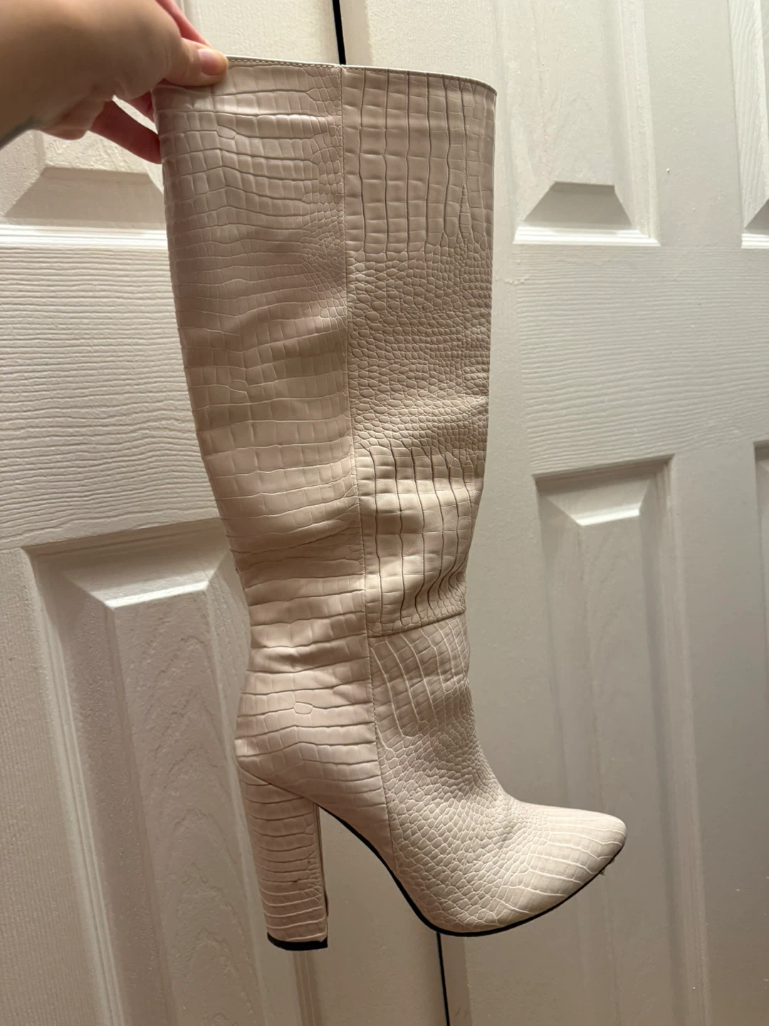 White Knee-High Croc Vegan Leather Boots Size 7 US