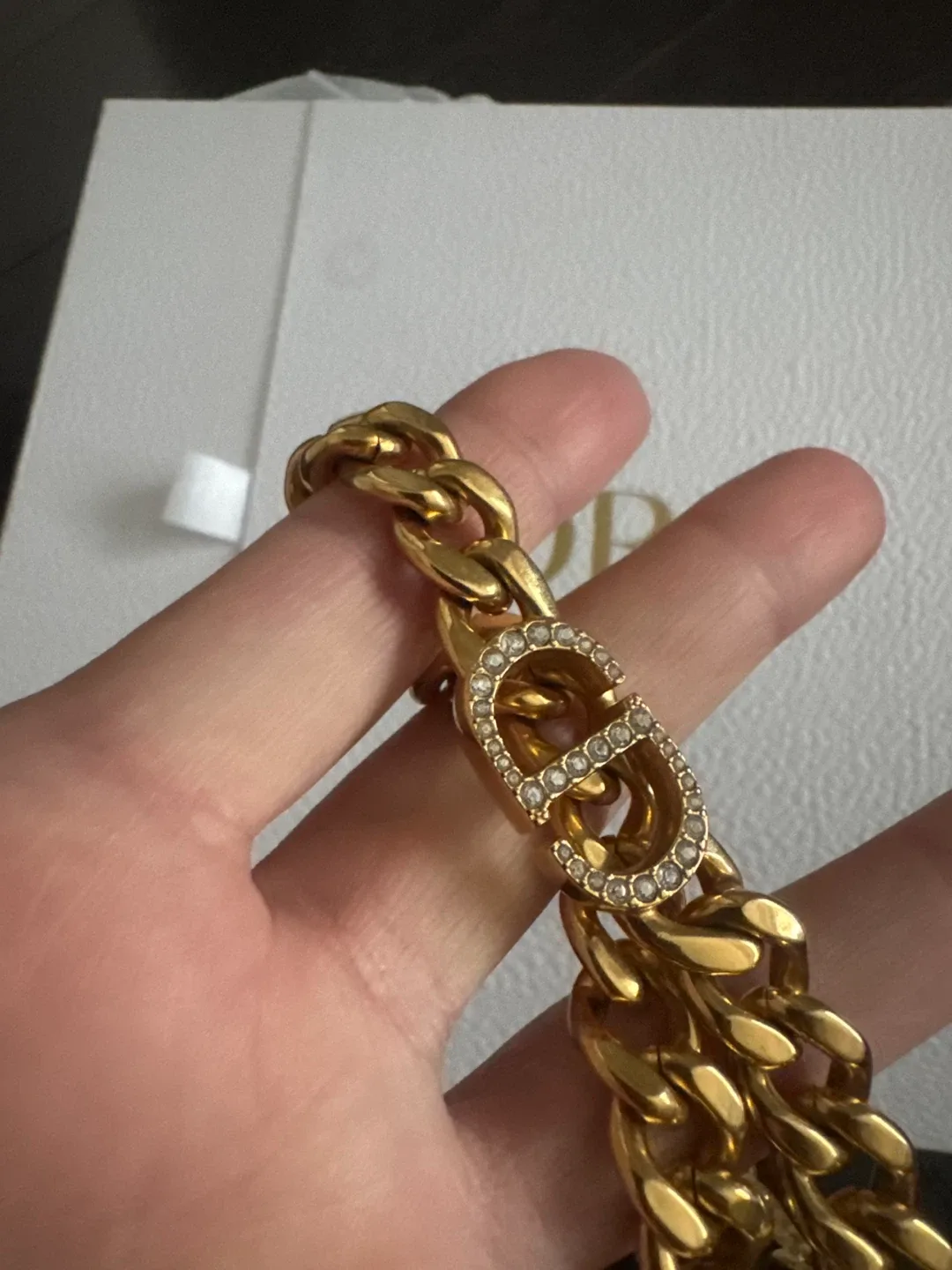 Christian Dior, CD, Rhinestone Gold plated Choker Chain Necklace image indicator(2)