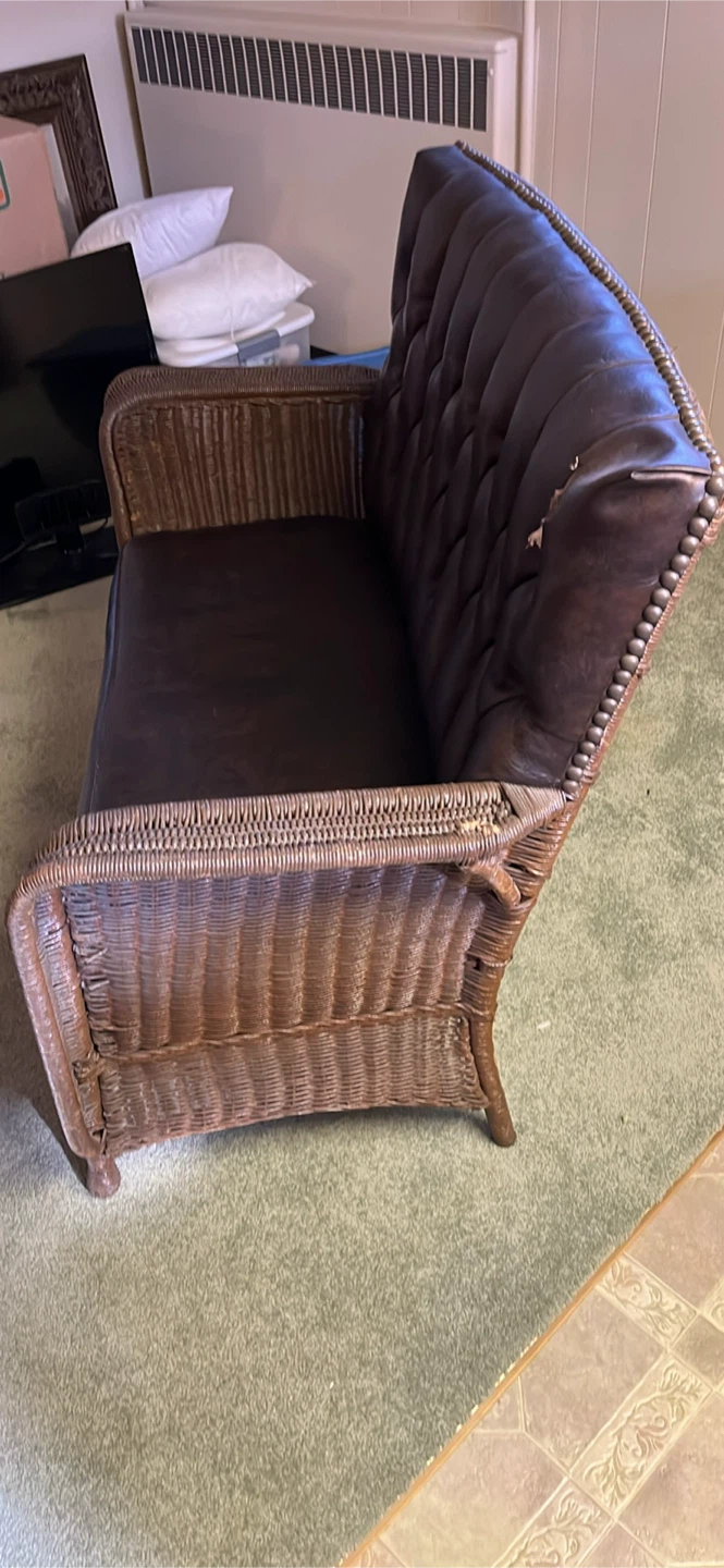 Wicker Loveseat with Brown Leather Cushion - photo 5