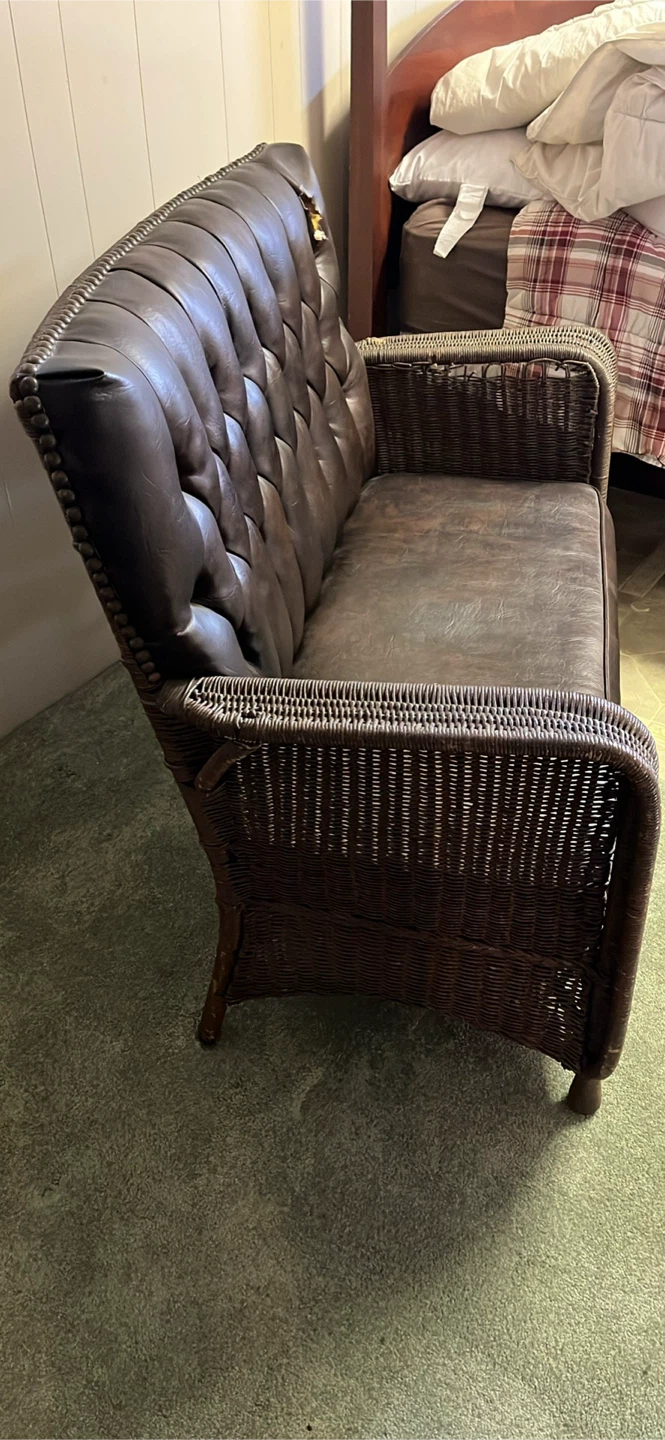 Wicker Loveseat with Brown Leather Cushion - photo 2