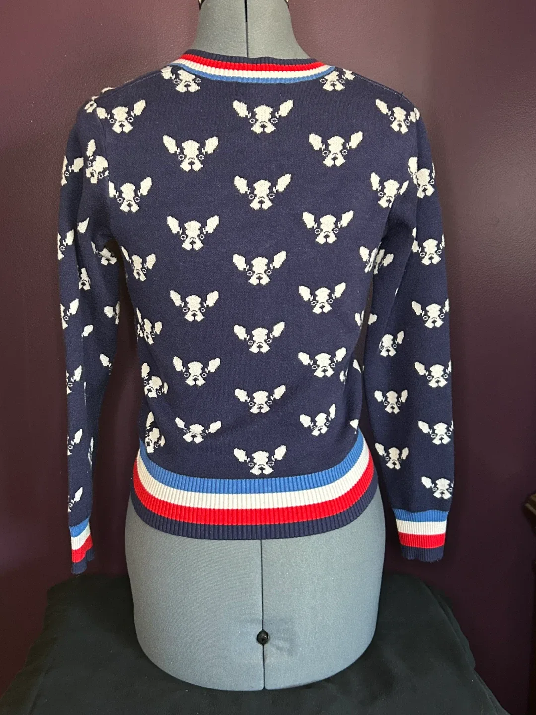 🥕MEDIUM Forever 21 Navy V-Neck Sweater with Cute Bulldog Pattern image indicator(2)