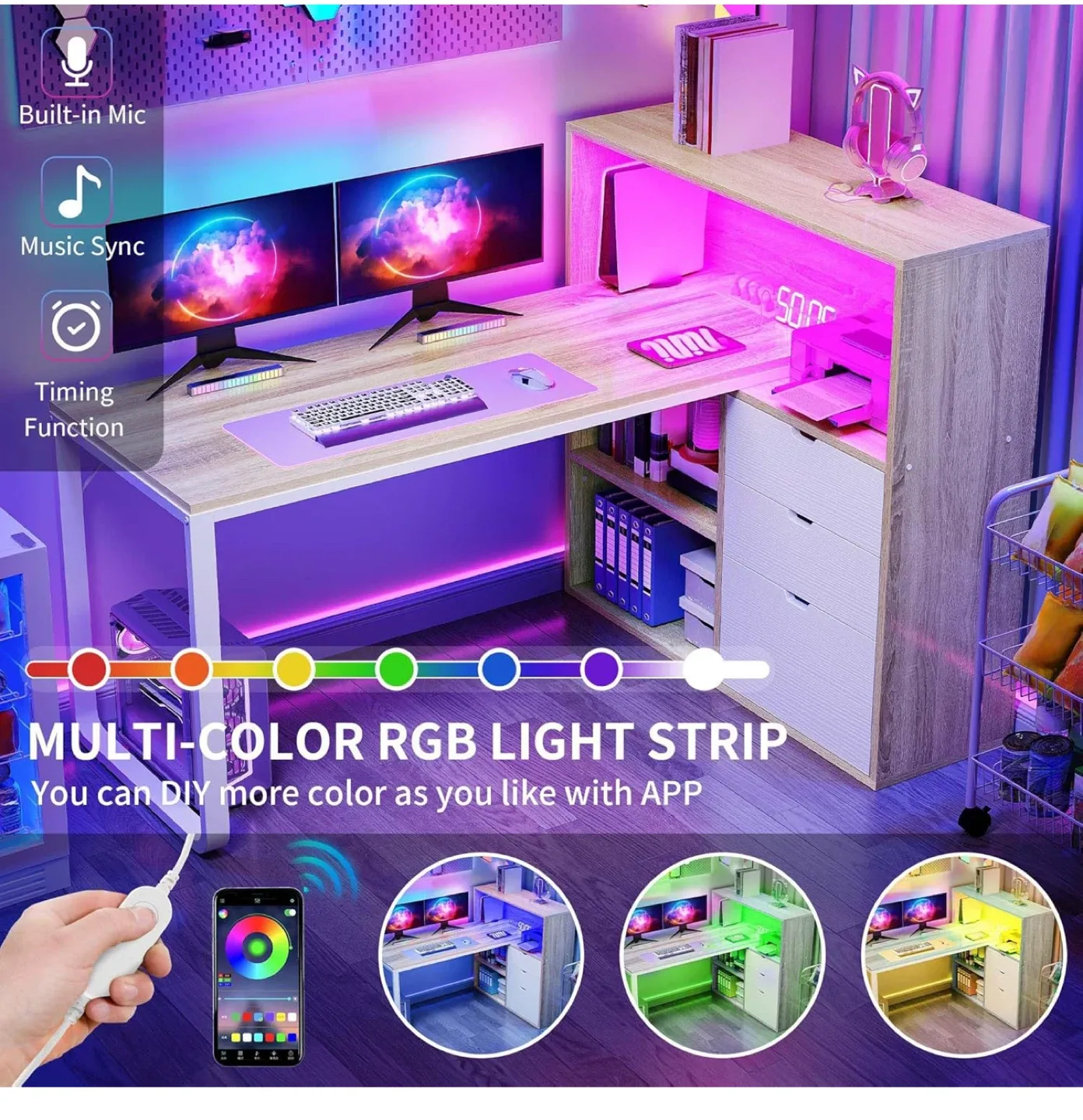 YITAHOME L Shaped Desk w/ LED Lights image indicator(5)