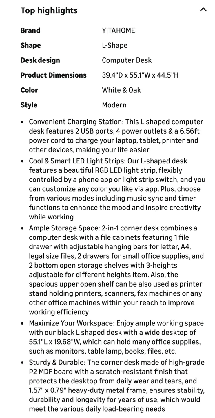 YITAHOME L Shaped Desk w/ LED Lights image indicator(8)