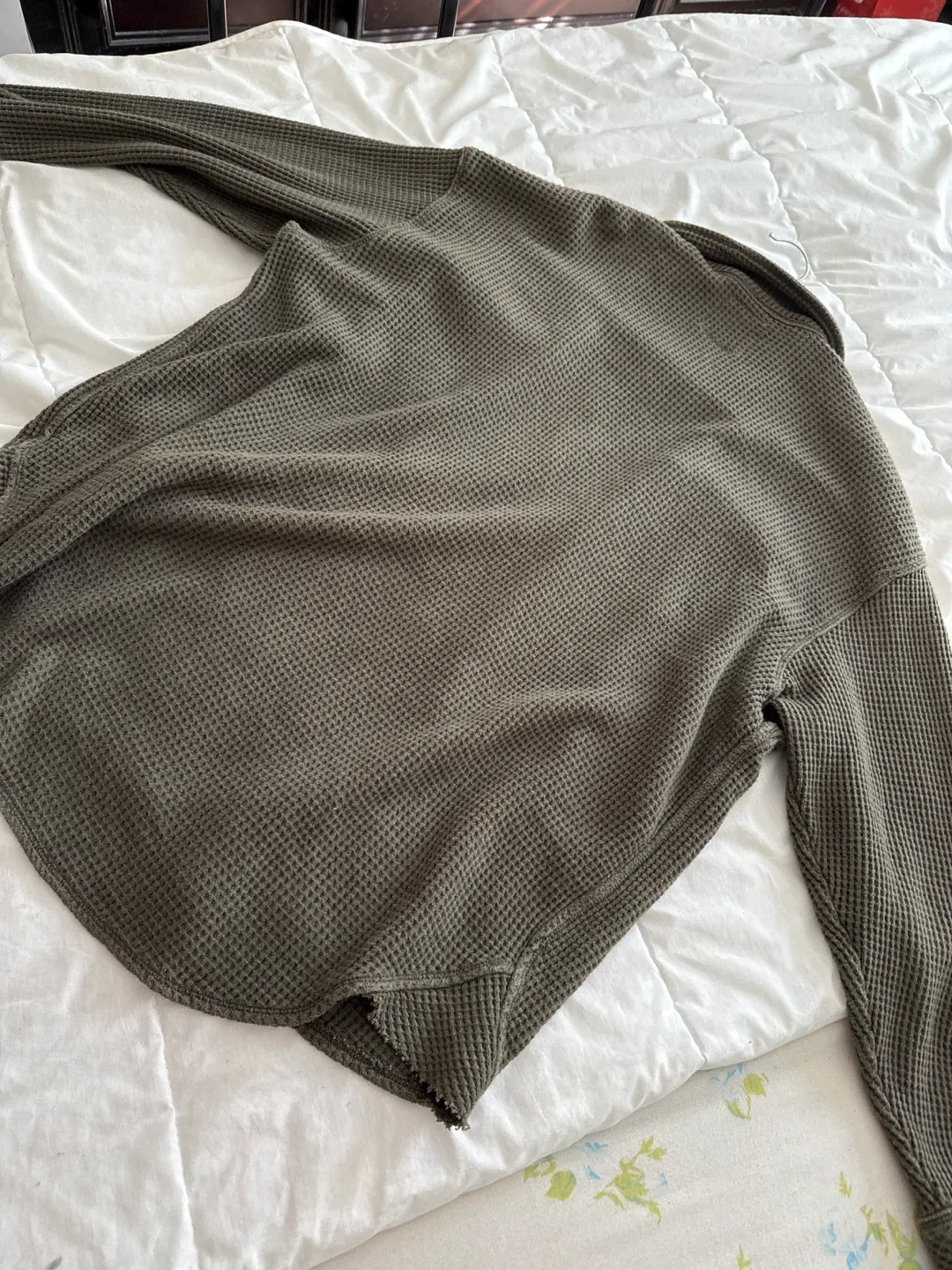 Aerie Olive Green Waffle Knit Button-Up XXS image indicator(4)