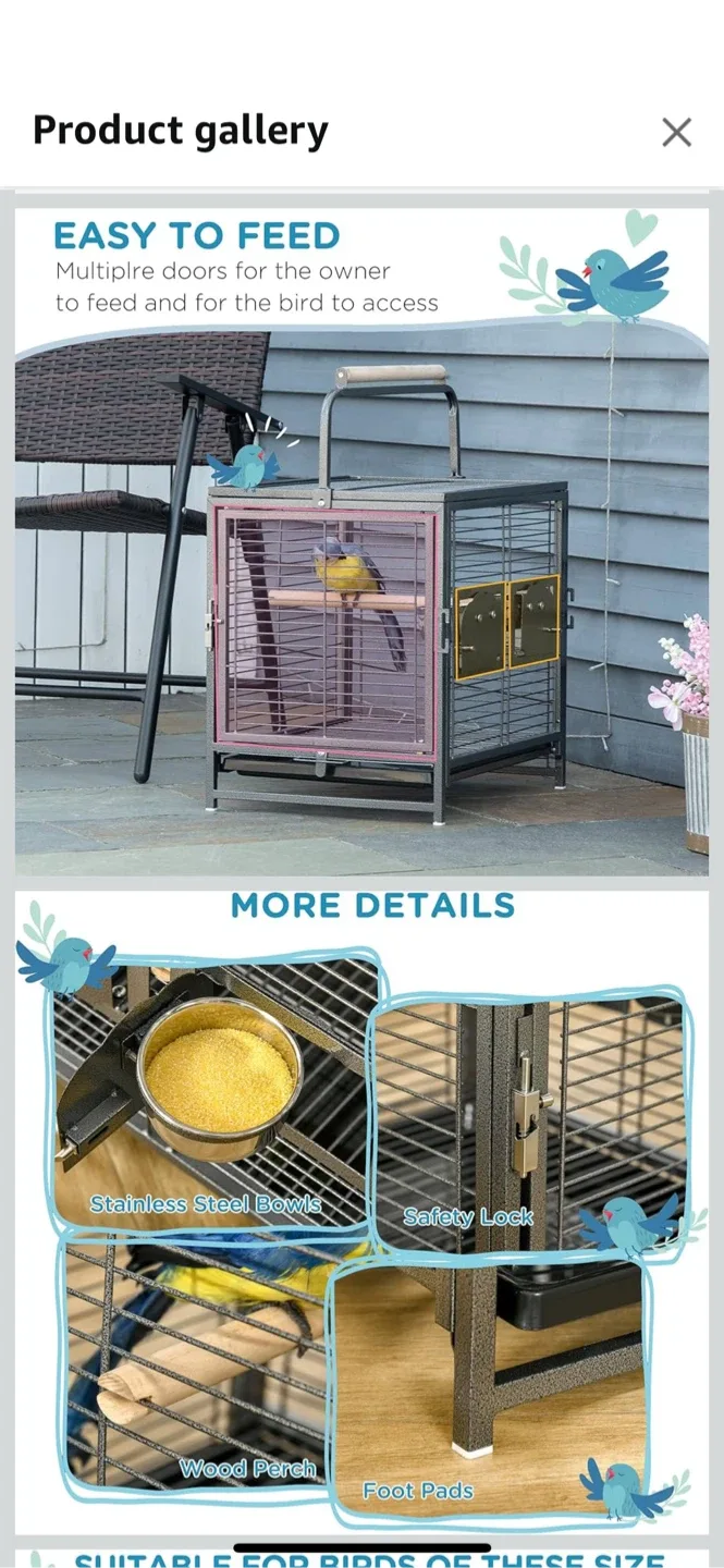 Metal Bird Cage with Stainless Steel Bowls & Wood Perch image indicator(3)