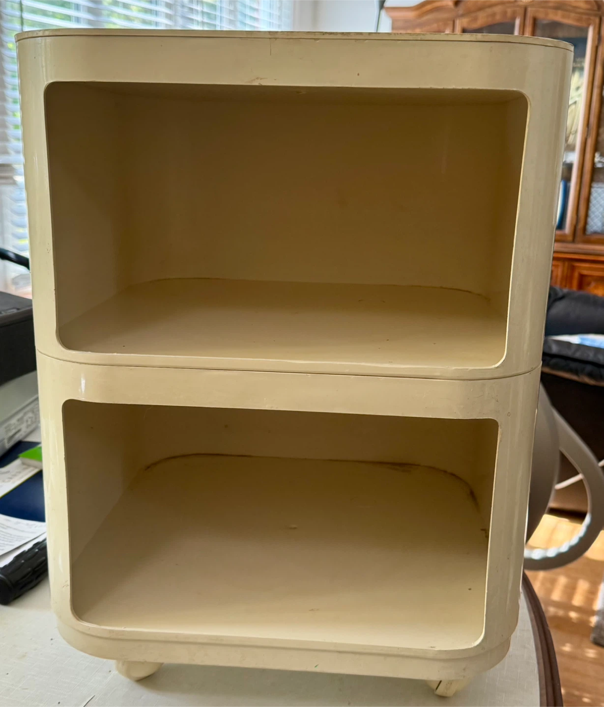 Beige 2-Tier Table with Shelves. Sturdy plastic.