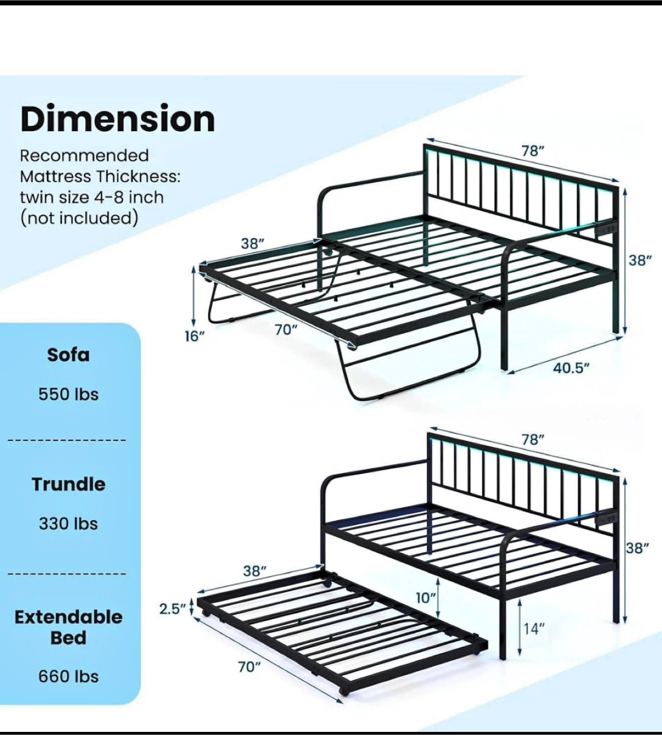 3-in-1 Metal Daybed with Trundle - Twin Size